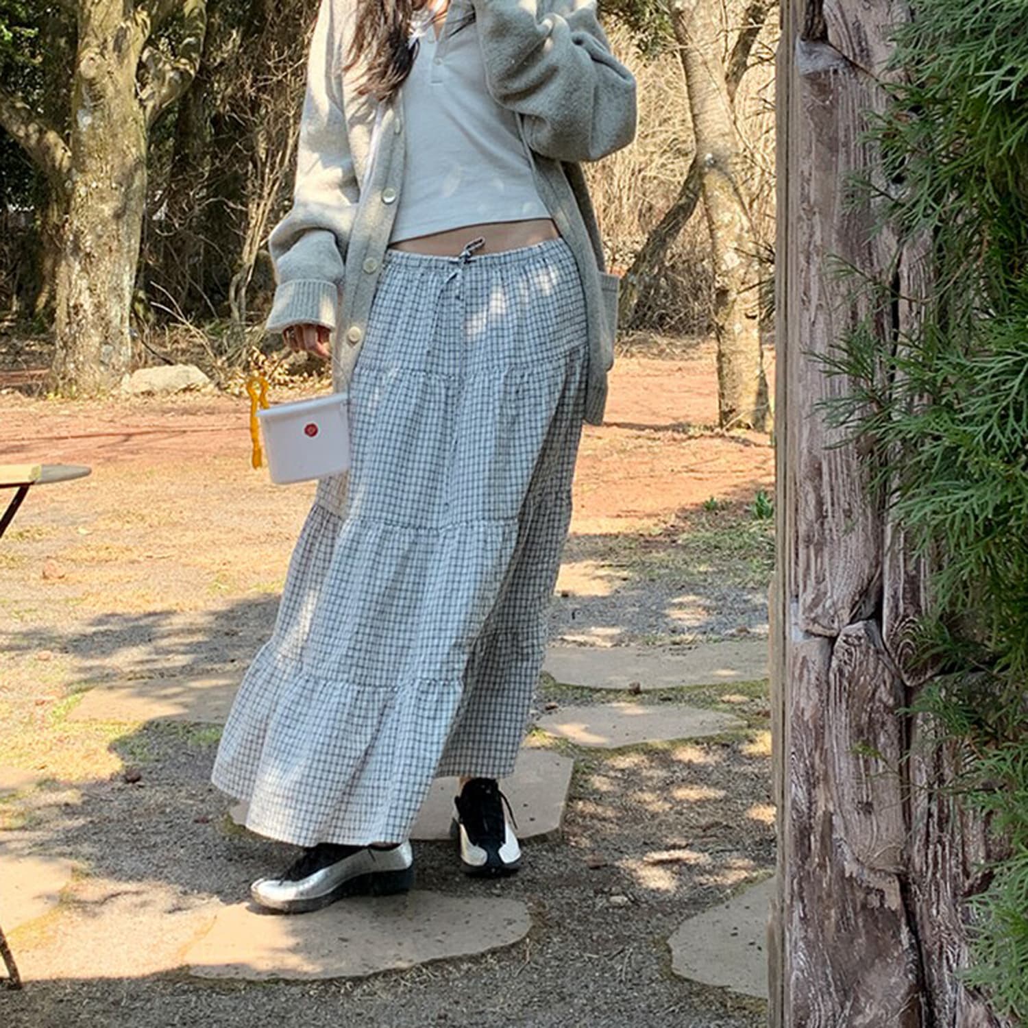 학원 스타일 허리밴드 레이스업 패치워크 체크무늬 반신 중간 스커트 봄 새로운 루즈핏 슬림해 보이는 품격 한 마디 중간 길이 스커트 이미지 2