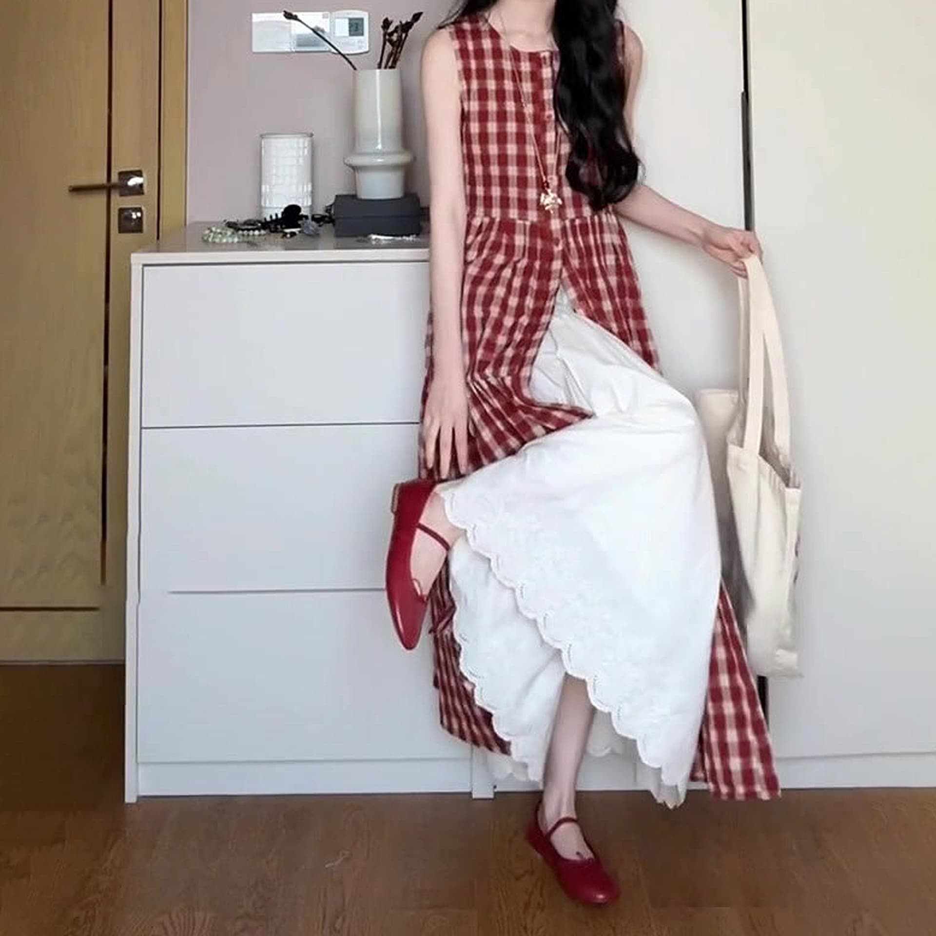 프랑스식 레트로 느슨함 센스 착용 가져 가라. 세트 여성 여름 민소매 조끼 원피스 대 치마 반신 스커트 투피스 세트