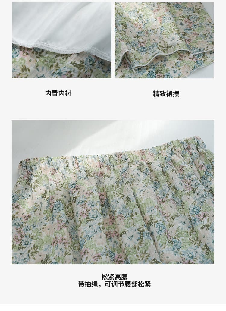 봄 레트로 낭만주의 블루 색상 꽃무늬 반신 스커트 작은 키 다용도 밴딩 하이웨이스트 Chic 표지 넓적 다리 A라인 스커트 상세 이미지 3