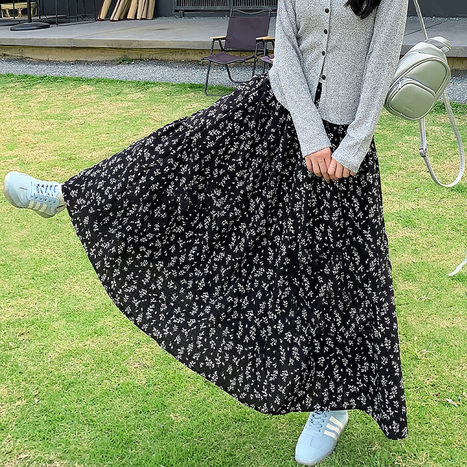 봄 레트로 낭만주의 블루 색상 꽃무늬 반신 스커트 작은 키 다용도 밴딩 하이웨이스트 Chic 표지 넓적 다리 A라인 스커트 상세 이미지 5