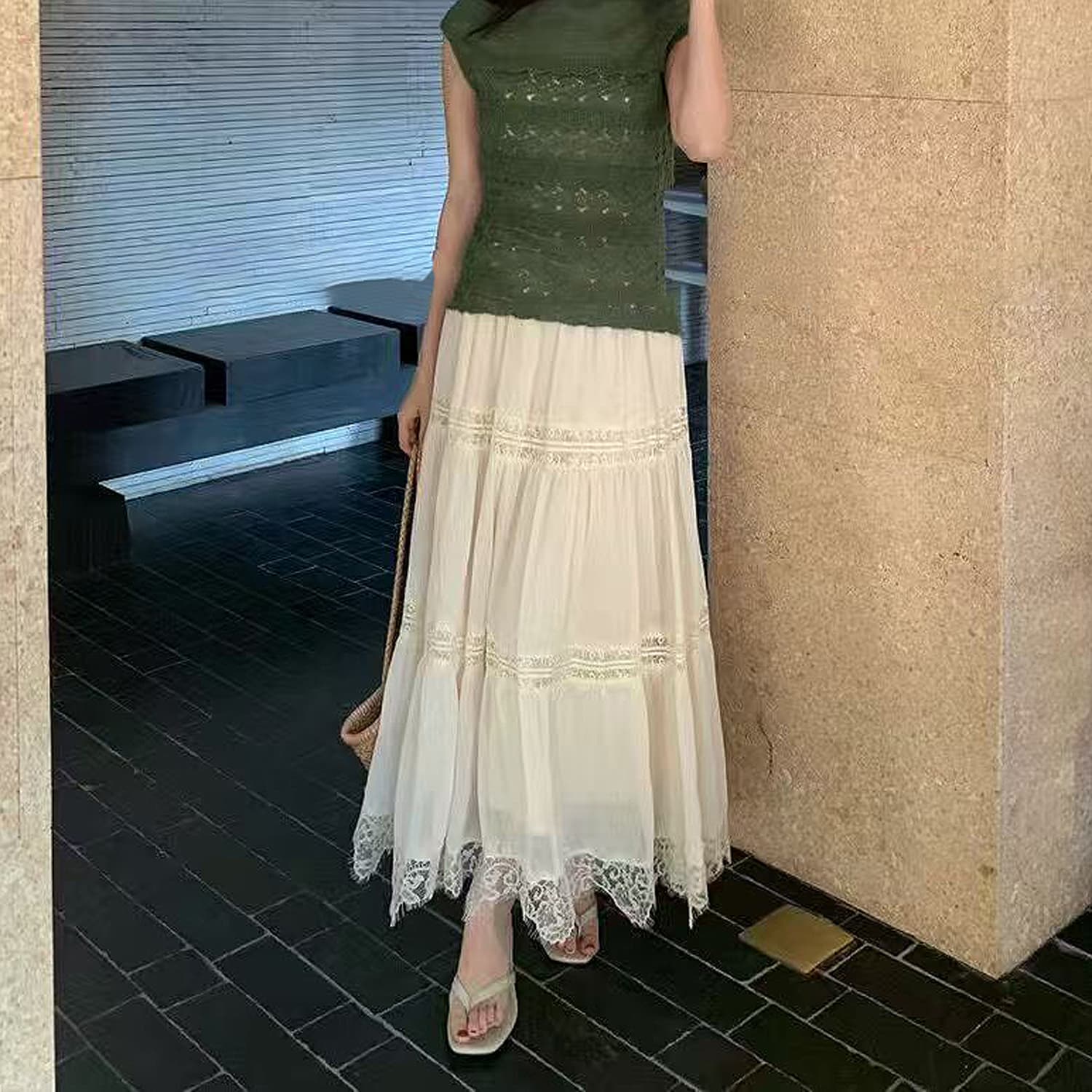 2026 여름 프랑스식 부드러운 바람 속눈썹 레이스 조각 반신 스커트 중간 길이 하이웨이스트 다용도 도루 센스 A라인 스커트 상세 이미지 7