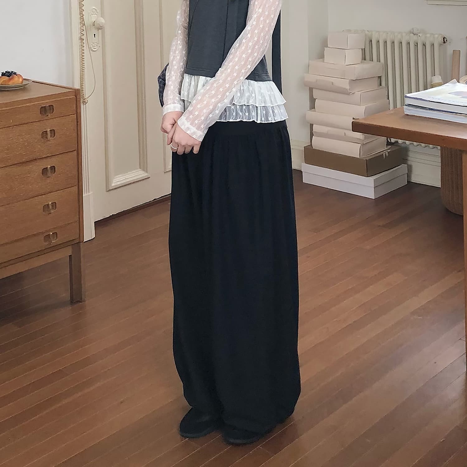 품격 트렌드 디자인 센스 검정색 펌프 Pleat 캐주얼 바지 아이들 하이웨이스트 슬림해 보이는 다용도 도루 센스 스트레이트 넓은 다리 길이 바지 상세 이미지 8