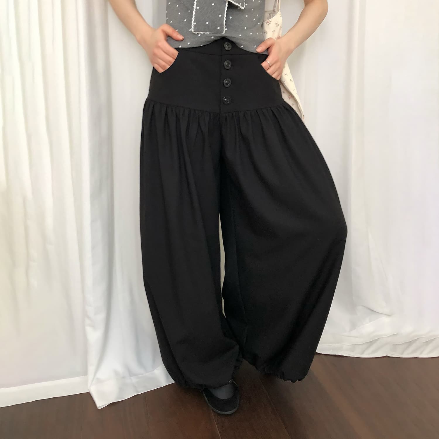 품격 트렌드 디자인 센스 검정색 펌프 Pleat 캐주얼 바지 아이들 하이웨이스트 슬림해 보이는 다용도 도루 센스 스트레이트 넓은 다리 길이 바지 상세 이미지 13