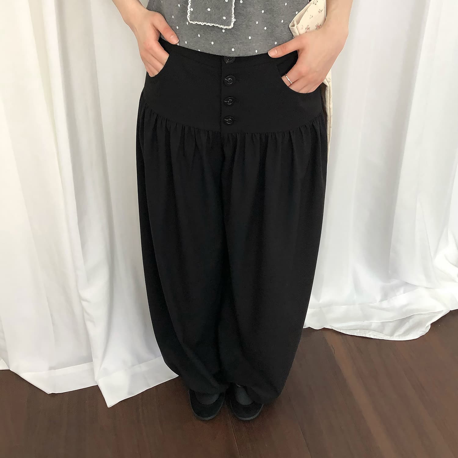 품격 트렌드 디자인 센스 검정색 펌프 Pleat 캐주얼 바지 아이들 하이웨이스트 슬림해 보이는 다용도 도루 센스 스트레이트 넓은 다리 길이 바지 상세 이미지 18