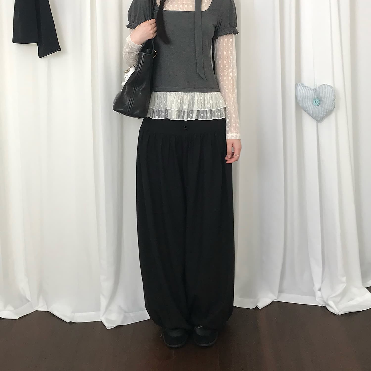 품격 트렌드 디자인 센스 검정색 펌프 Pleat 캐주얼 바지 아이들 하이웨이스트 슬림해 보이는 다용도 도루 센스 스트레이트 넓은 다리 길이 바지 상세 이미지 19