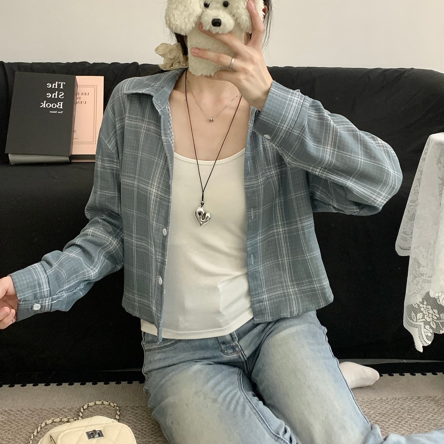 이중층 면사 격자 무늬 셔츠 얇은 스타일 한국 스타일 다용도 폴로 칼라 밴딩 허리 수축 쇼트 스타일 셔츠 긴팔 폴로 칼라 재킷 이미지 4