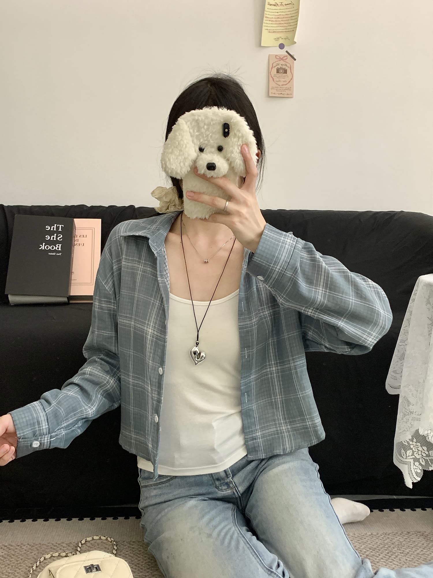 이중층 면사 격자 무늬 셔츠 얇은 스타일 한국 스타일 다용도 폴로 칼라 밴딩 허리 수축 쇼트 스타일 셔츠 긴팔 폴로 칼라 재킷 상세 이미지 9