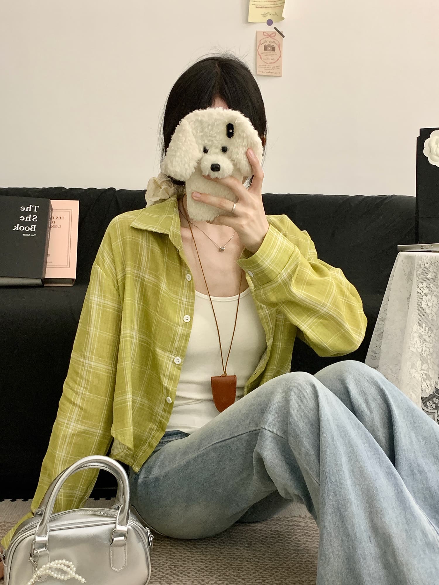 이중층 면사 격자 무늬 셔츠 얇은 스타일 한국 스타일 다용도 폴로 칼라 밴딩 허리 수축 쇼트 스타일 셔츠 긴팔 폴로 칼라 재킷 상세 이미지 12