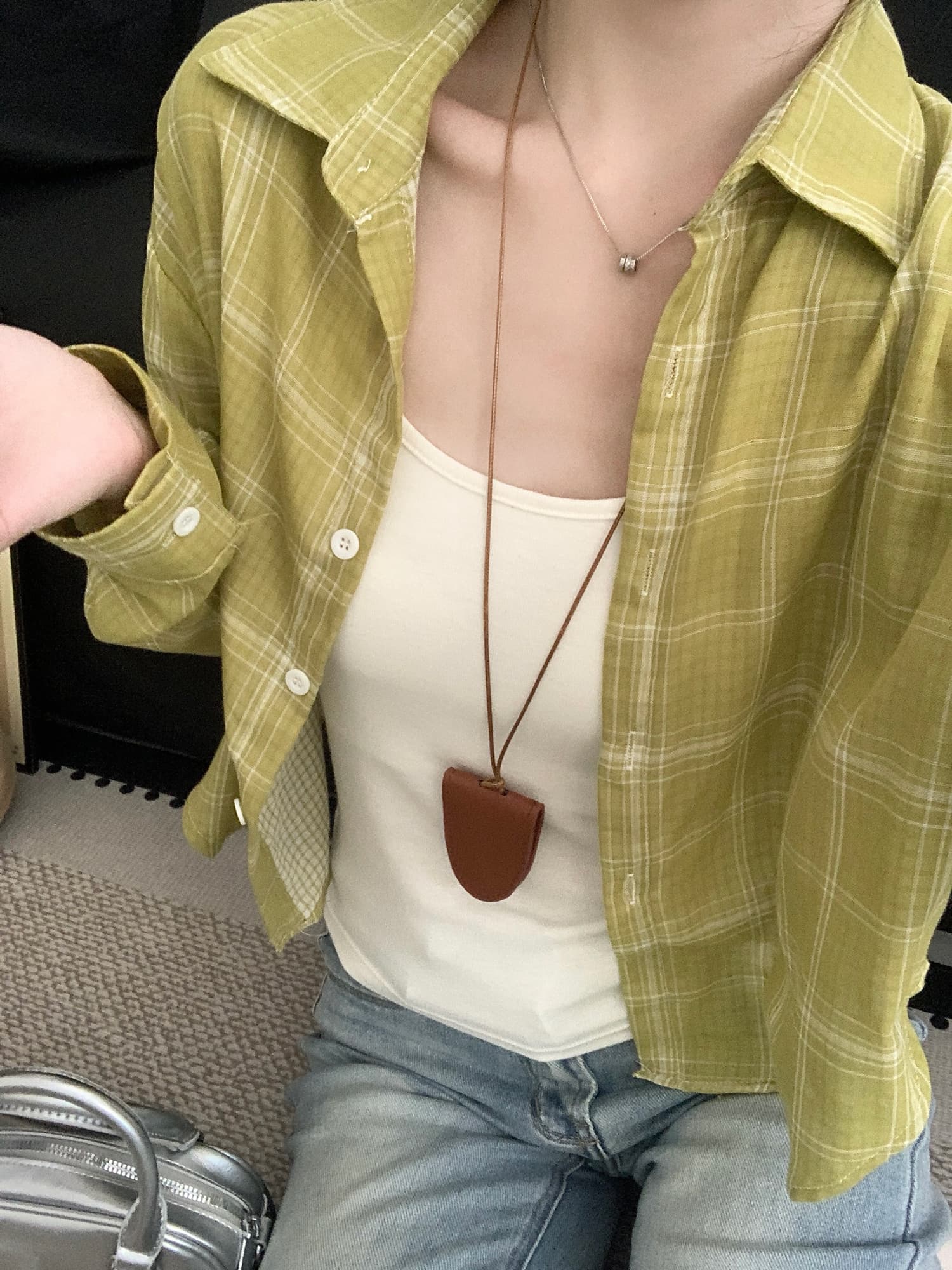 이중층 면사 격자 무늬 셔츠 얇은 스타일 한국 스타일 다용도 폴로 칼라 밴딩 허리 수축 쇼트 스타일 셔츠 긴팔 폴로 칼라 재킷 상세 이미지 13