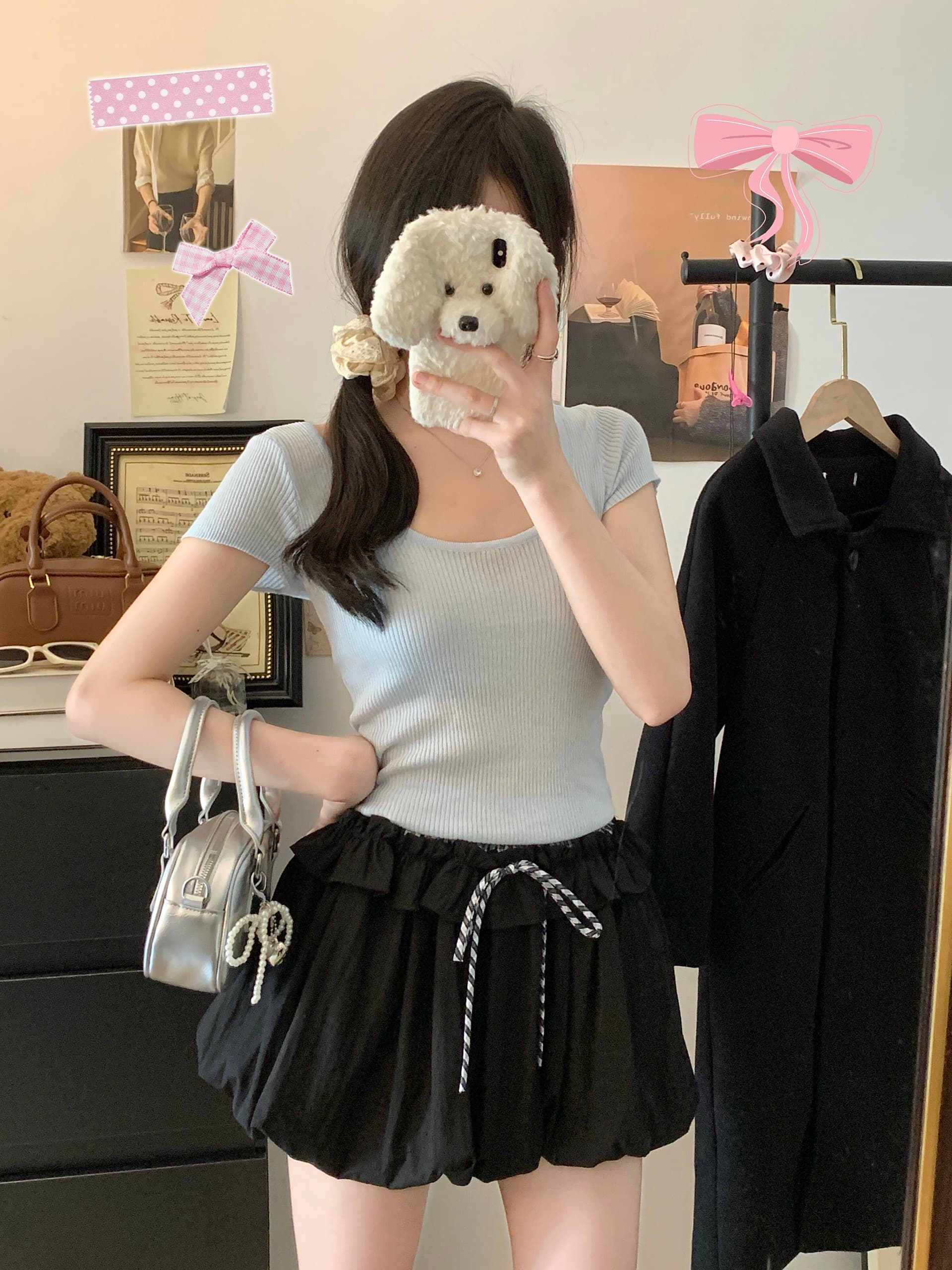 실사 발레 바람 페이크 레이어드 체크무늬 패치워크 반신 스커트 짧은 스커트 퍼프 스커트 달콤한 자매 작은 치마 퍼프 미니 스커트 상세 이미지 8