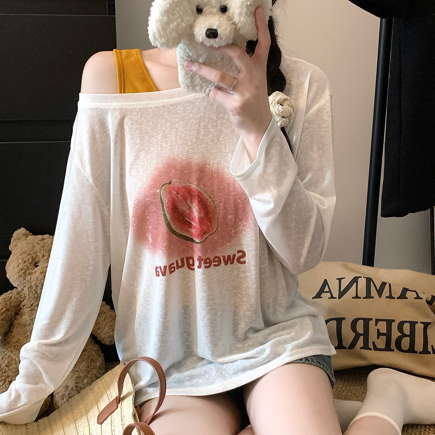 여름 얇은 스타일 비스듬한 칼라 오프숄더 스택 착용 자외선 차단 블라우스 티셔츠 맨위 자이언트 잘 생긴 핫걸 캐미솔 투피스 세트