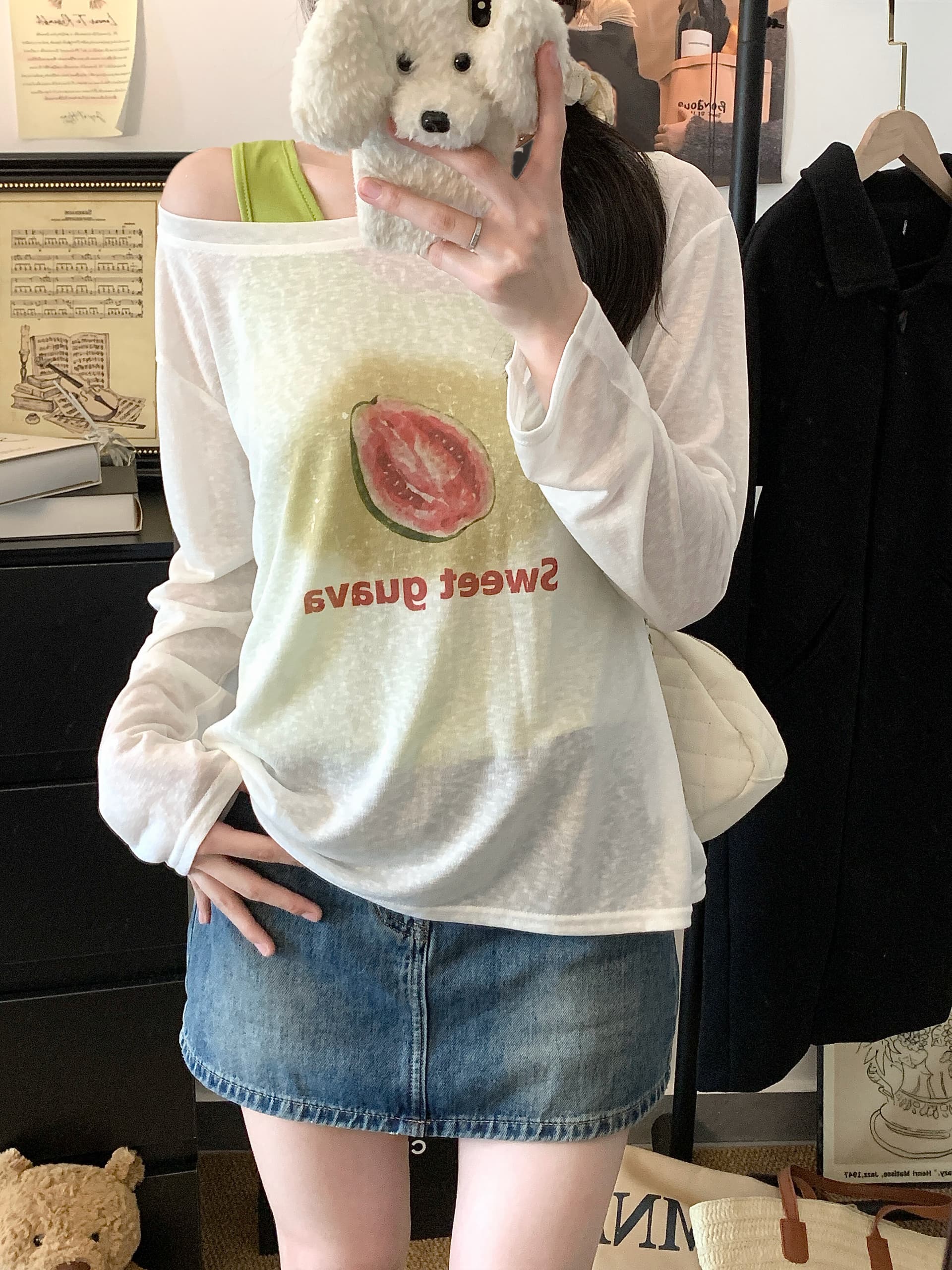 여름 얇은 스타일 비스듬한 칼라 오프숄더 스택 착용 자외선 차단 블라우스 티셔츠 맨위 자이언트 잘 생긴 핫걸 캐미솔 투피스 세트 상세 이미지 5