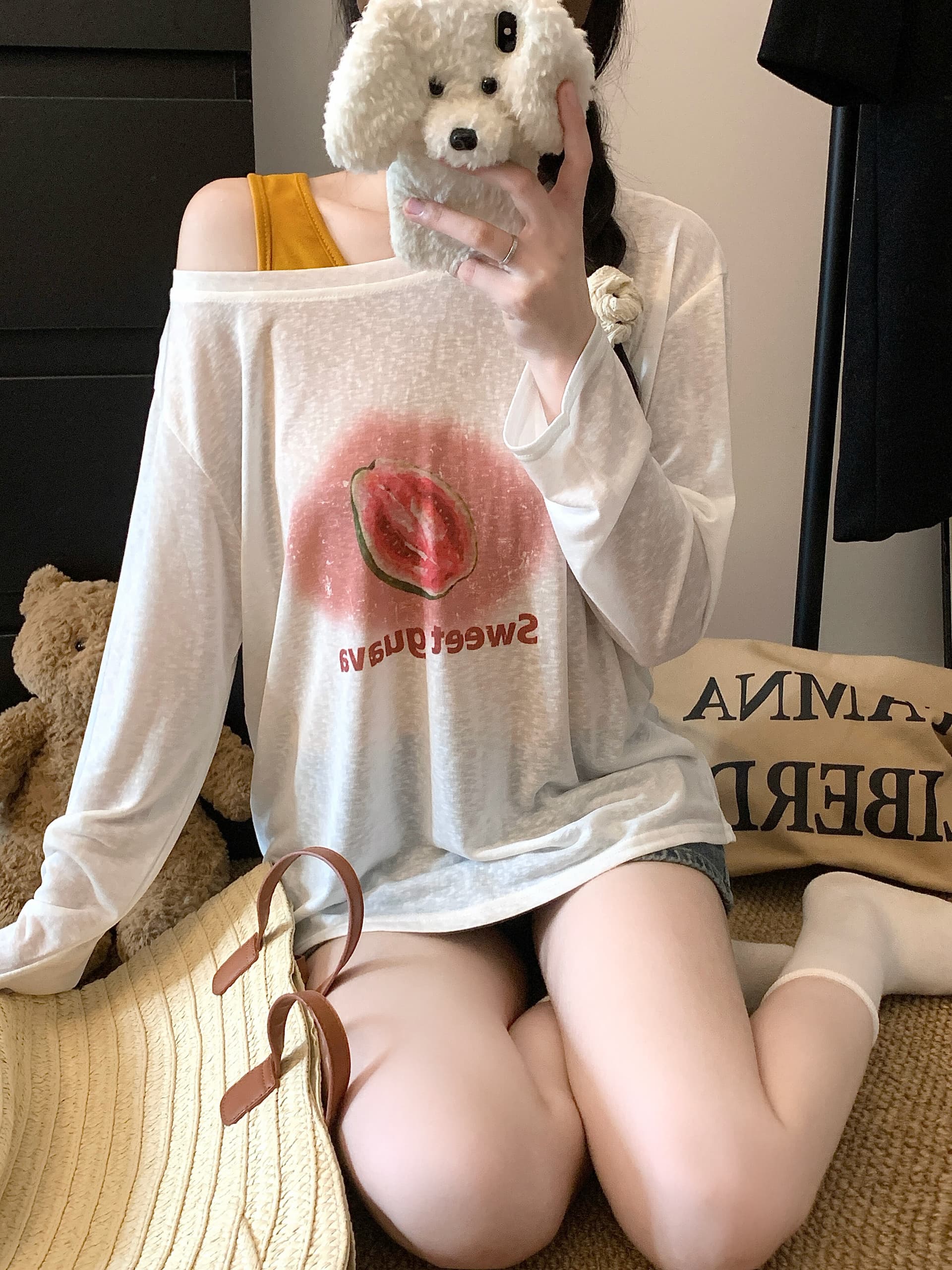 여름 얇은 스타일 비스듬한 칼라 오프숄더 스택 착용 자외선 차단 블라우스 티셔츠 맨위 자이언트 잘 생긴 핫걸 캐미솔 투피스 세트 상세 이미지 8