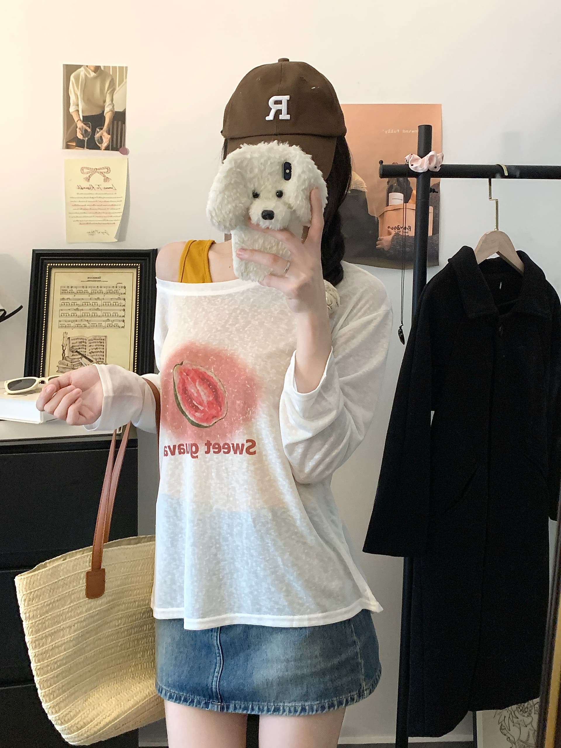여름 얇은 스타일 비스듬한 칼라 오프숄더 스택 착용 자외선 차단 블라우스 티셔츠 맨위 자이언트 잘 생긴 핫걸 캐미솔 투피스 세트 상세 이미지 9