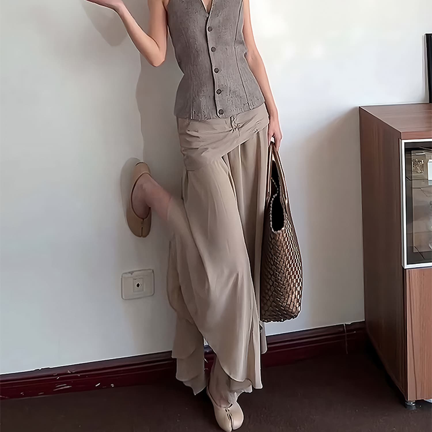 프랑스식 다용도 도루 가을 센스 일상 캐주얼 흐름 불규칙 스태킹 페이크 레이어드 비대칭 여성 느슨함 하이웨이스트 치마 이미지 4