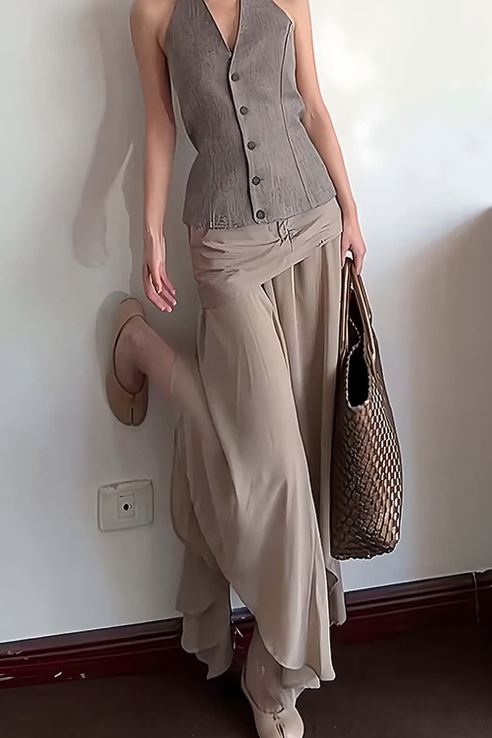 프랑스식 다용도 도루 가을 센스 일상 캐주얼 흐름 불규칙 스태킹 페이크 레이어드 비대칭 여성 느슨함 하이웨이스트 치마 이미지 5