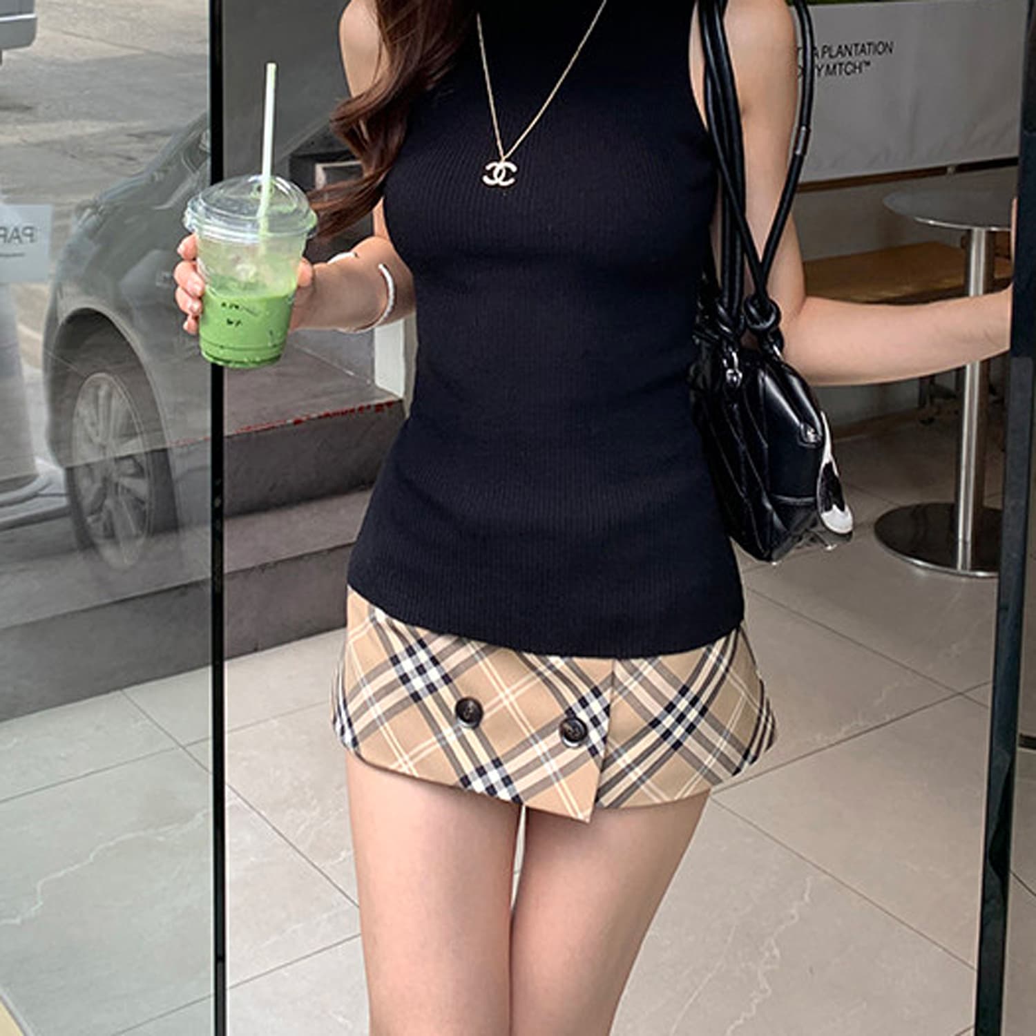 카키 색 체크무늬 반신 스커트 여성 하이웨이스트 슬림해 보이는 여름 A라인 스커트 품격 핫걸 노출 방지 타이트 스커트 짧은 치마 상세 이미지 4