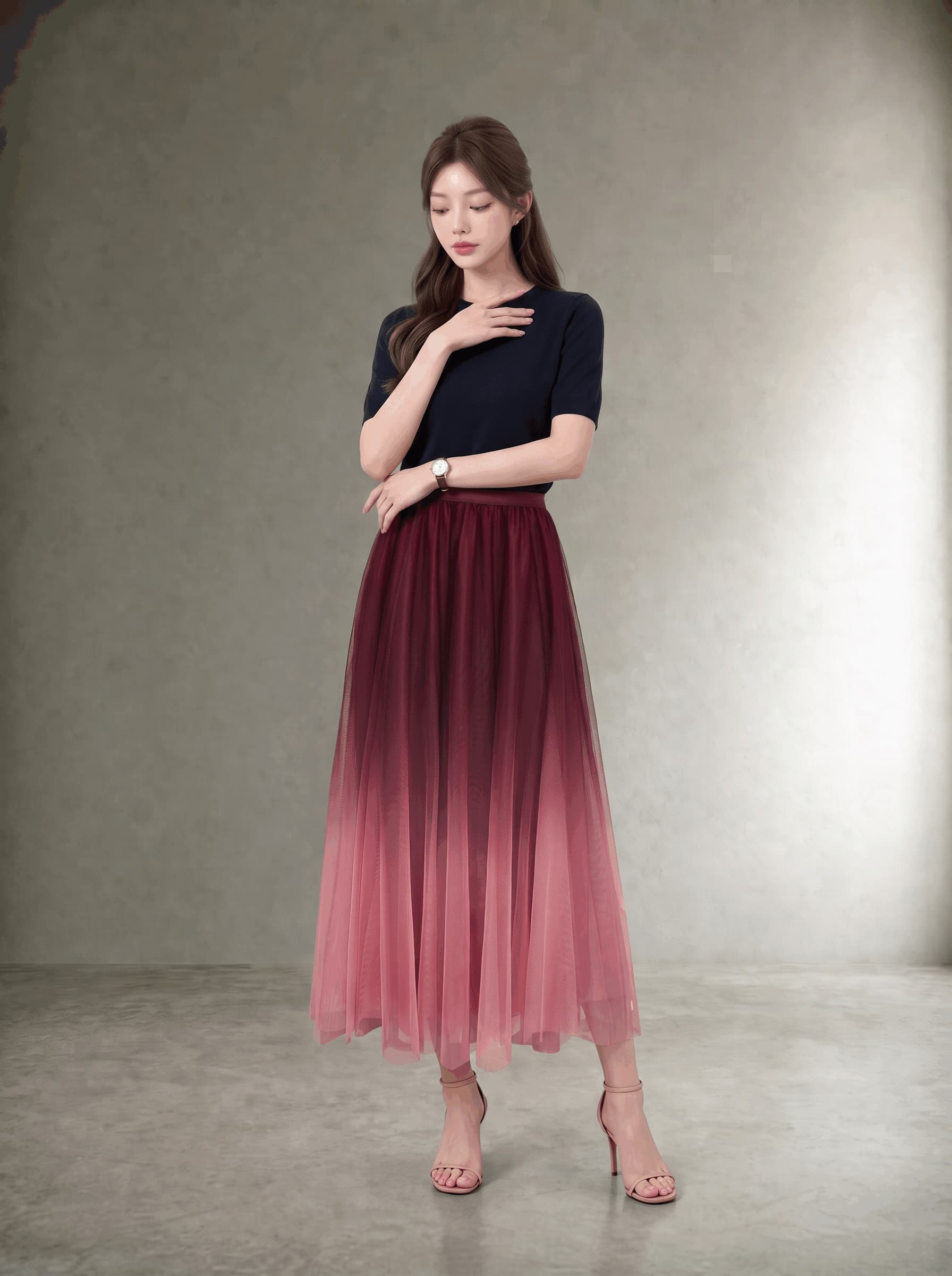 한 마디 망사 반신 스커트 품격 플리츠 슬림해 보이는 특대 사이즈 치마 한 마디 플리츠 스커트 2026 가을 숙녀 휴가 바람 상세 이미지 6