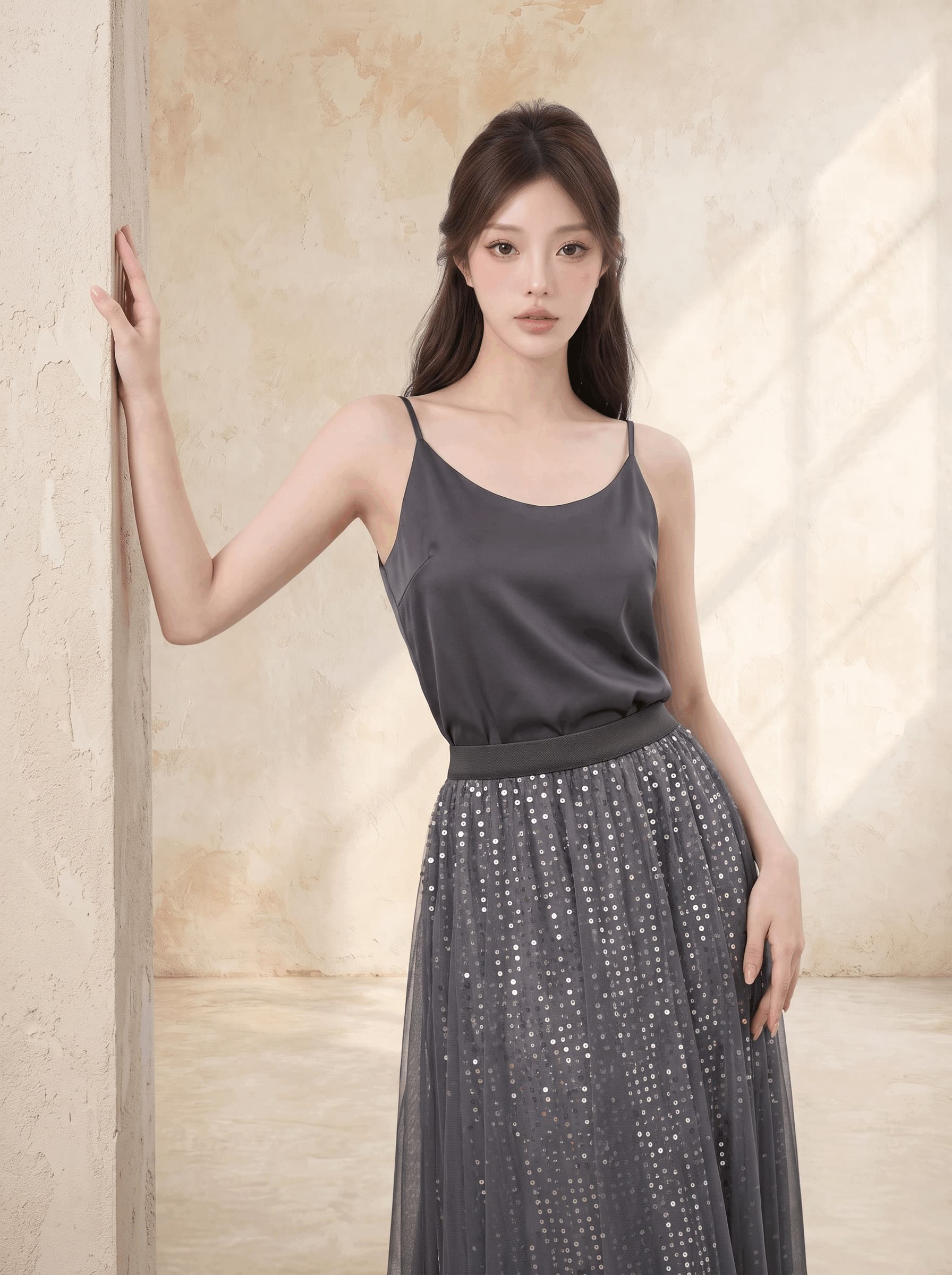 가을 스팽글 빛나는 망사 슬림해 보이는 롱 스커트 거즈 스커트 반신 스커트 커피 색상 요정 A라인 스커트 도루 가을 큰 진자 A라인 스커트 이미지 4