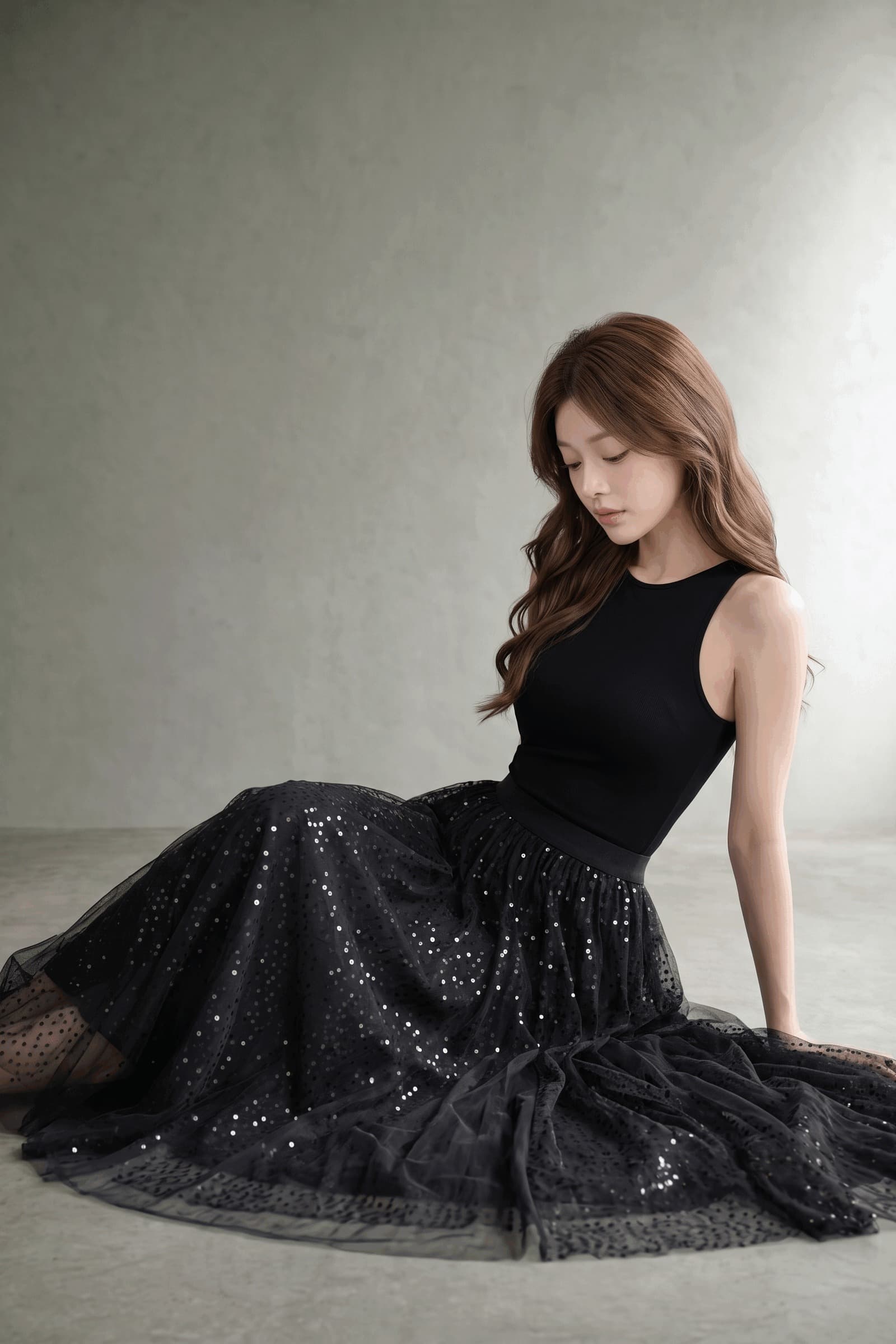 가을 스팽글 빛나는 망사 슬림해 보이는 롱 스커트 거즈 스커트 반신 스커트 커피 색상 요정 A라인 스커트 도루 가을 큰 진자 A라인 스커트 이미지 6
