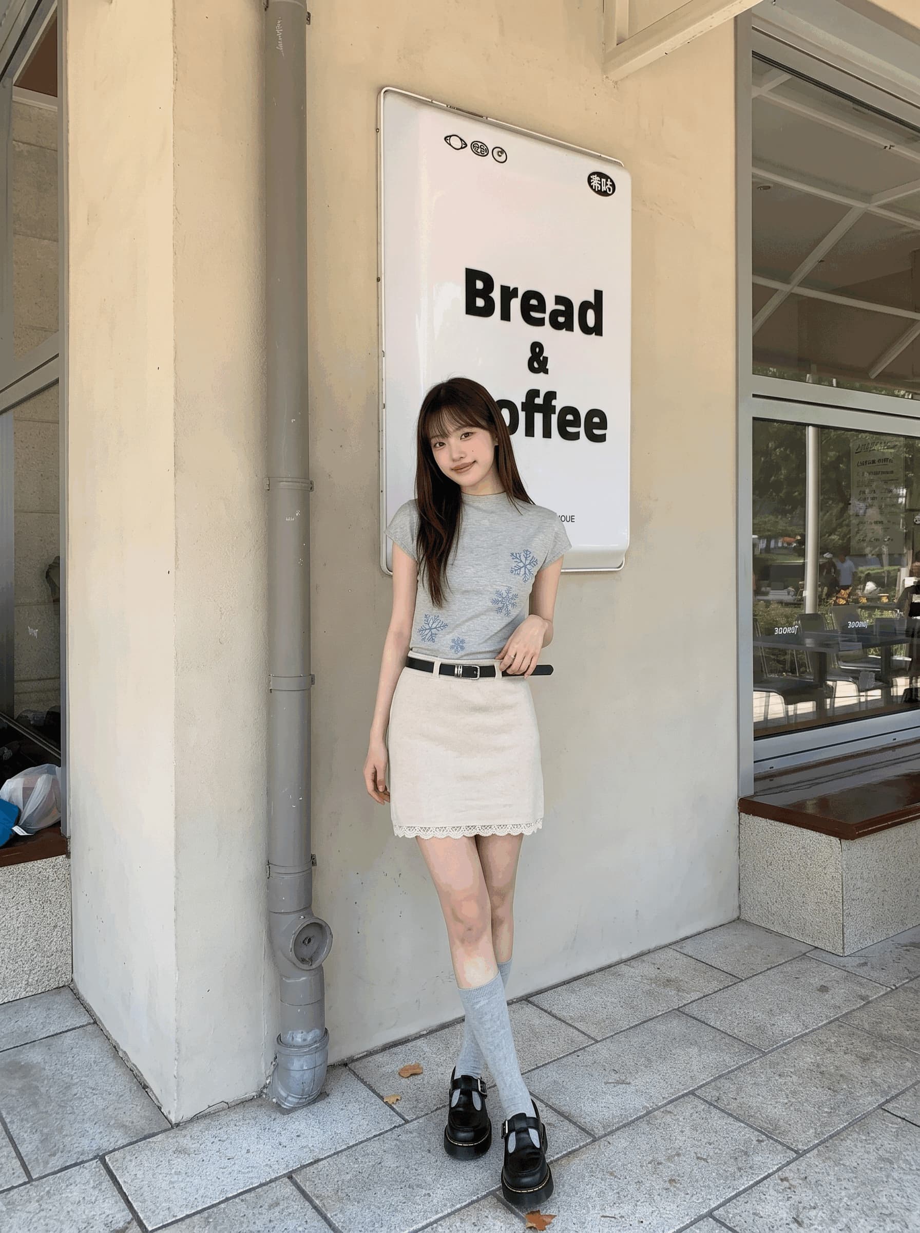 가을 겨울철 슈퍼 잘 생긴 ~ 중 경기 코트 만나는 반 스커트 슬림해 보이는 패치워크 디자인 센스 미니 스커트 레이스 레이스 반신 스커트 이미지 2