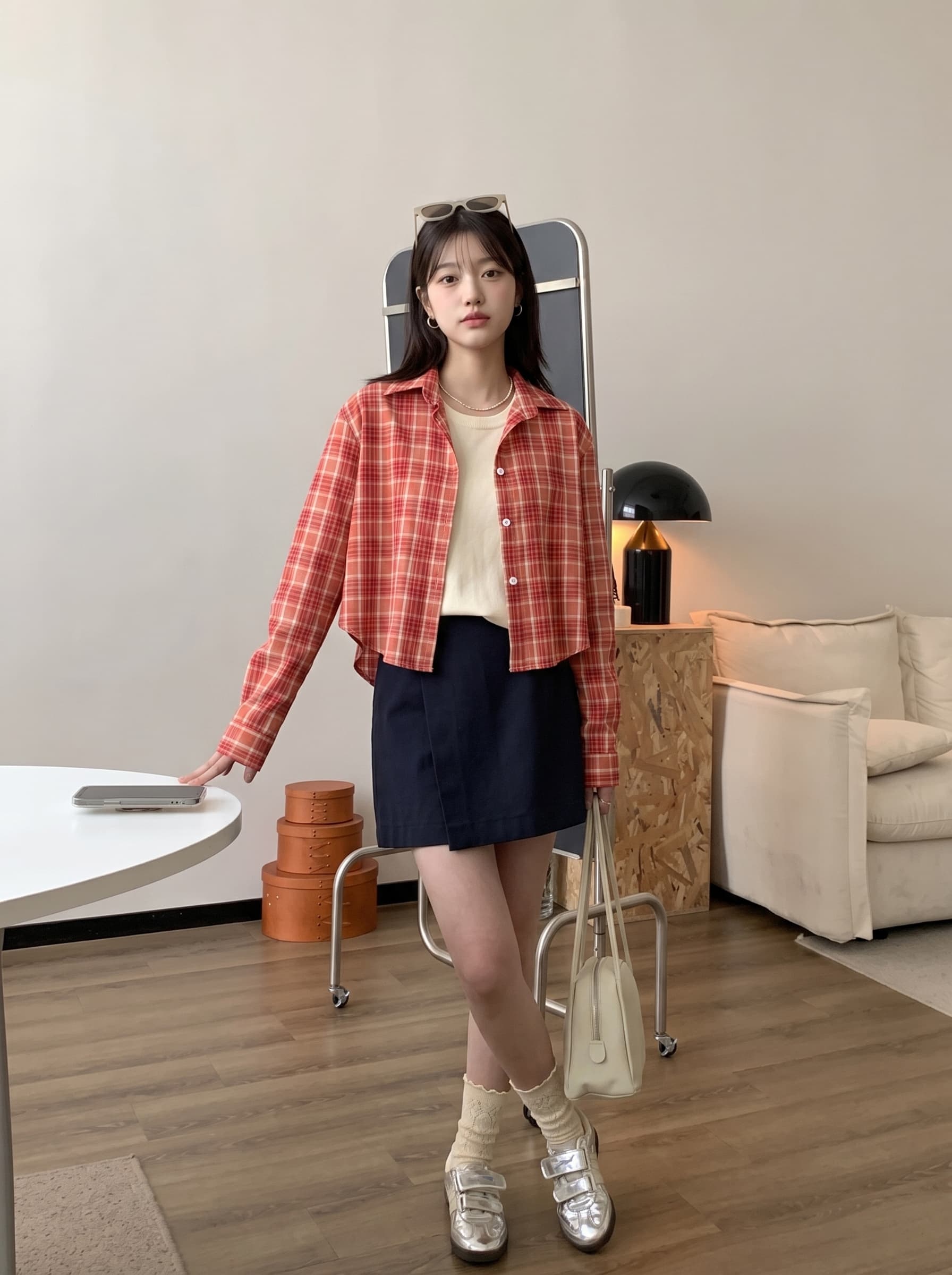 2026 가을 새로운 벽돌 빨간색 체크무늬 셔츠 셔츠 폴로 칼라 체크무늬 디자인 센스 루즈핏 여성 상세 이미지 11