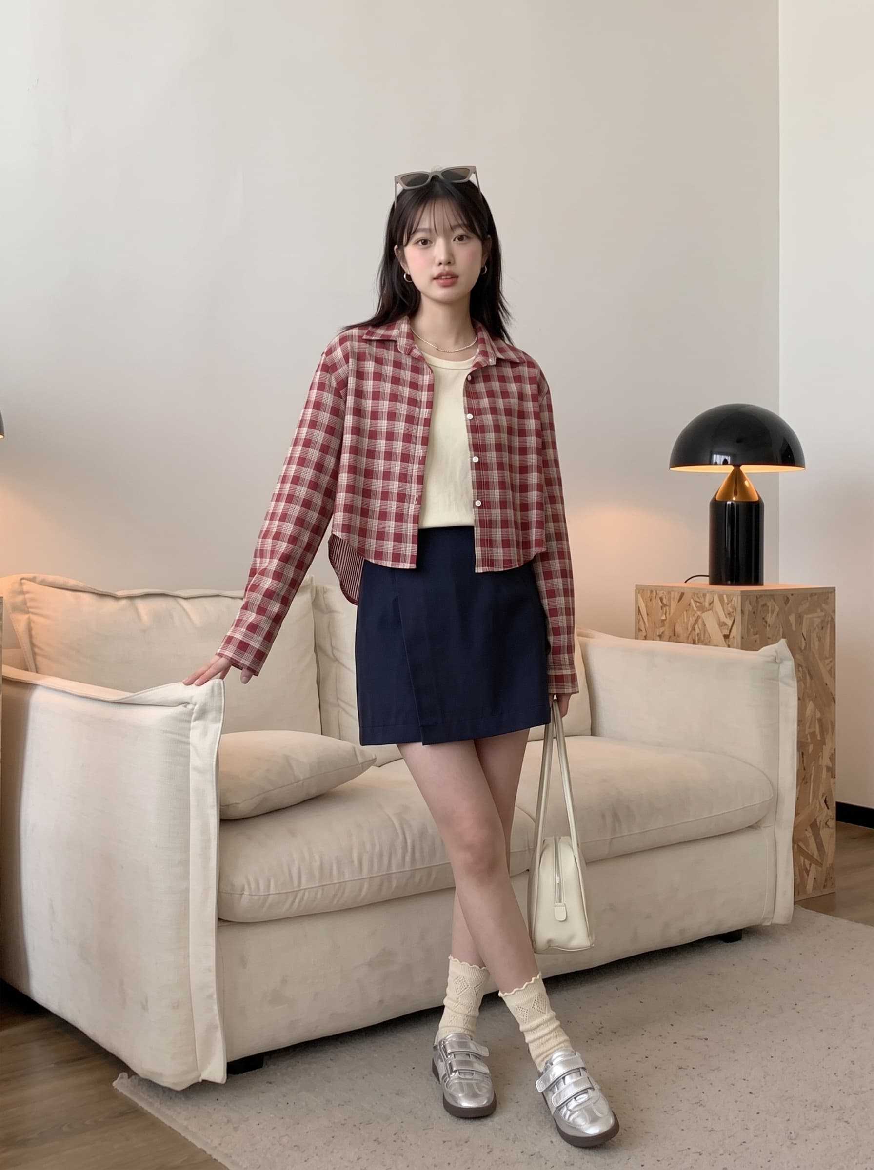 2026 가을 새로운 벽돌 빨간색 체크무늬 셔츠 셔츠 폴로 칼라 체크무늬 디자인 센스 루즈핏 여성 상세 이미지 13