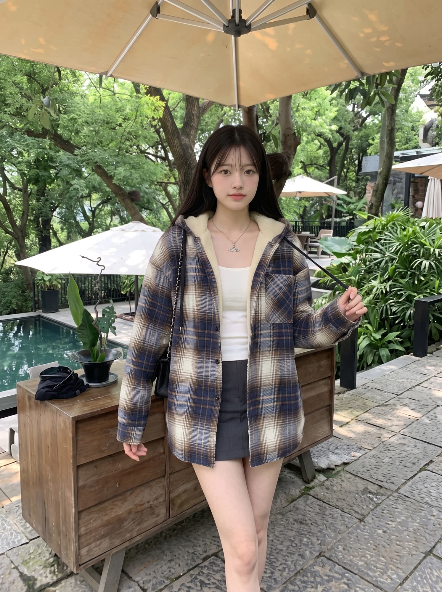 가을 겨울 긴팔 셔츠 여성 레저 후드 쇼트 스타일 재킷 스타일 체크무늬 캐주얼 일상 다용도 인기 상세 이미지 3