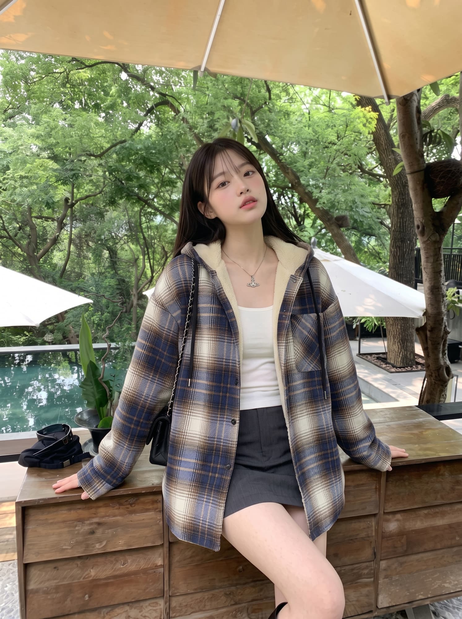 가을 겨울 긴팔 셔츠 여성 레저 후드 쇼트 스타일 재킷 스타일 체크무늬 캐주얼 일상 다용도 인기 상세 이미지 4