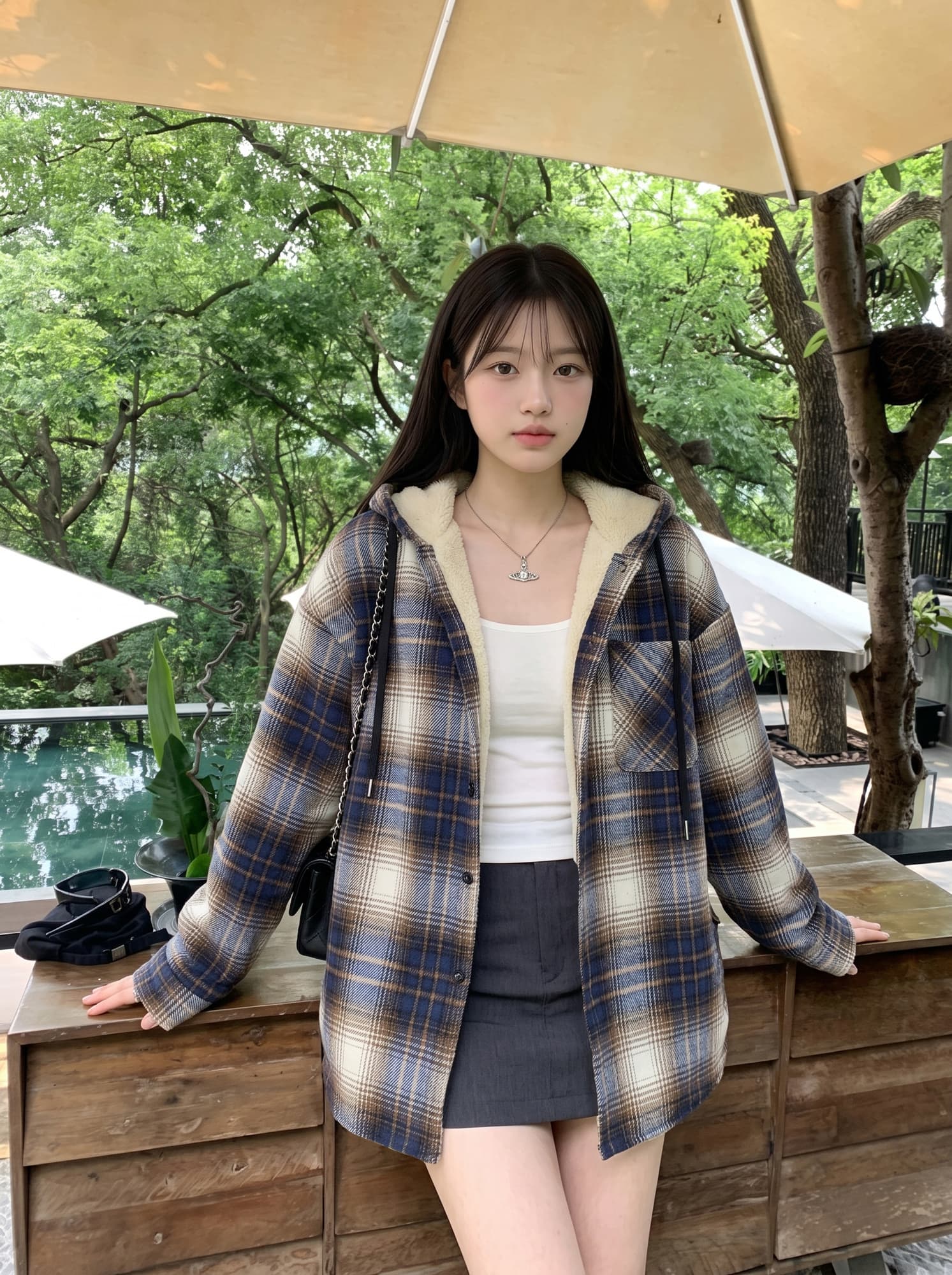 가을 겨울 긴팔 셔츠 여성 레저 후드 쇼트 스타일 재킷 스타일 체크무늬 캐주얼 일상 다용도 인기 상세 이미지 5