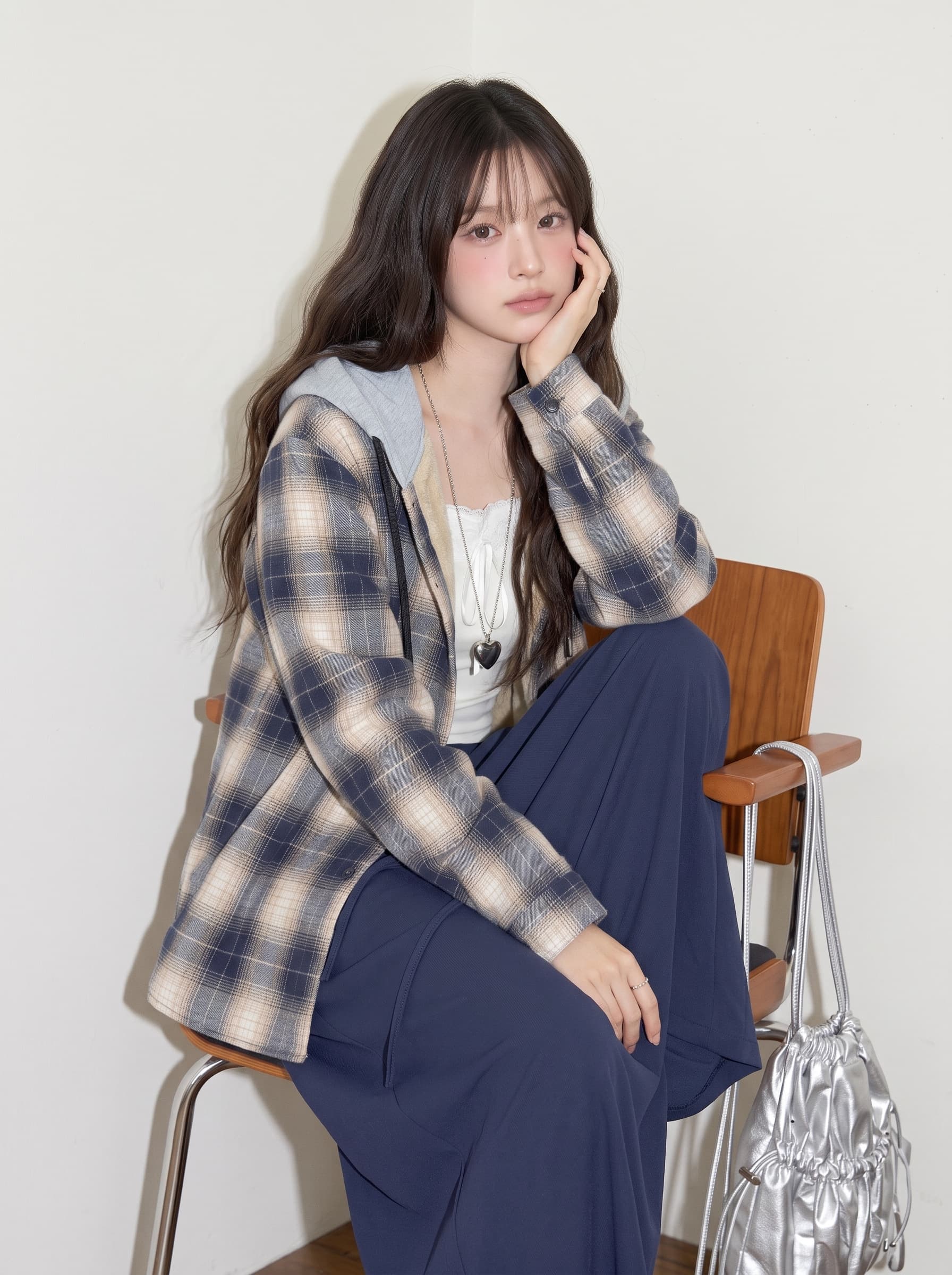 레트로 연삭 털 후드 체크무늬 털이 있는 셔츠 여성 긴 소매 가을 겨울 루즈핏 느긋한 바람 작은 키 셔츠 재킷