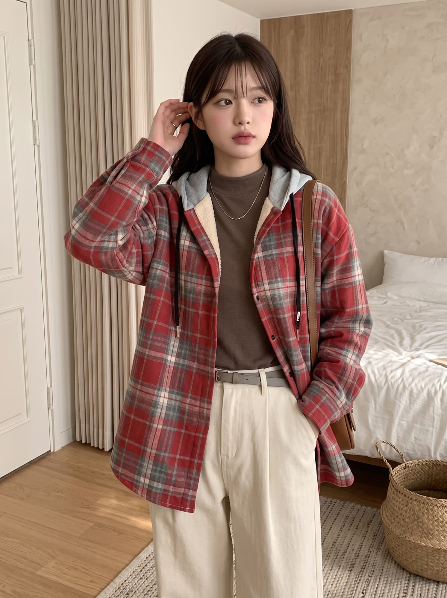 레트로 연삭 털 체크무늬 털이 있는 여성 코트 가을 겨울철 새로운 루즈핏 캐주얼 후드 두꺼운 셔츠 맨위 상세 이미지 5