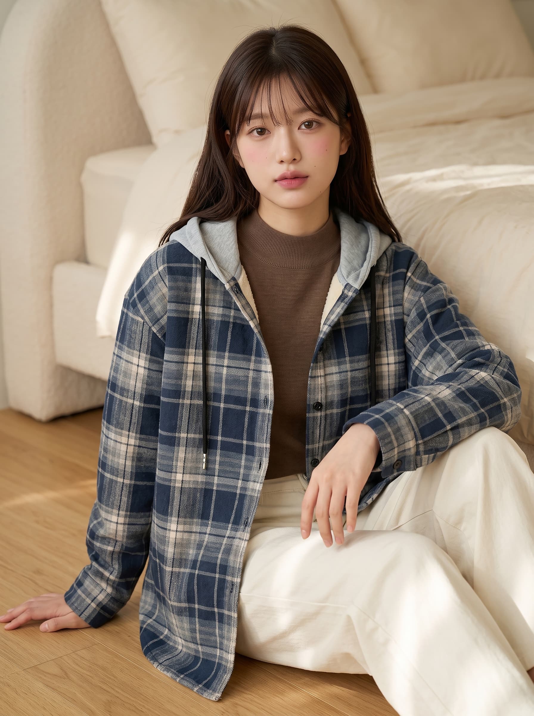 레트로 연삭 털 체크무늬 털이 있는 여성 코트 가을 겨울철 새로운 루즈핏 캐주얼 후드 두꺼운 셔츠 맨위 상세 이미지 7