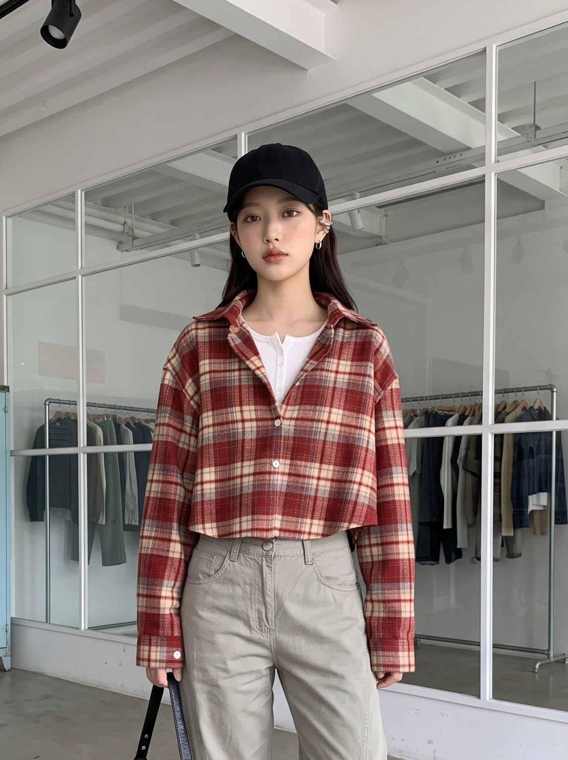 그리드 니켈 셔츠 여자 작은 키 긴팔 여성 가을 새로운 한국 스타일 루즈핏 레트로 캐주얼 쇼트 스타일 셔츠 재킷 상세 이미지 8