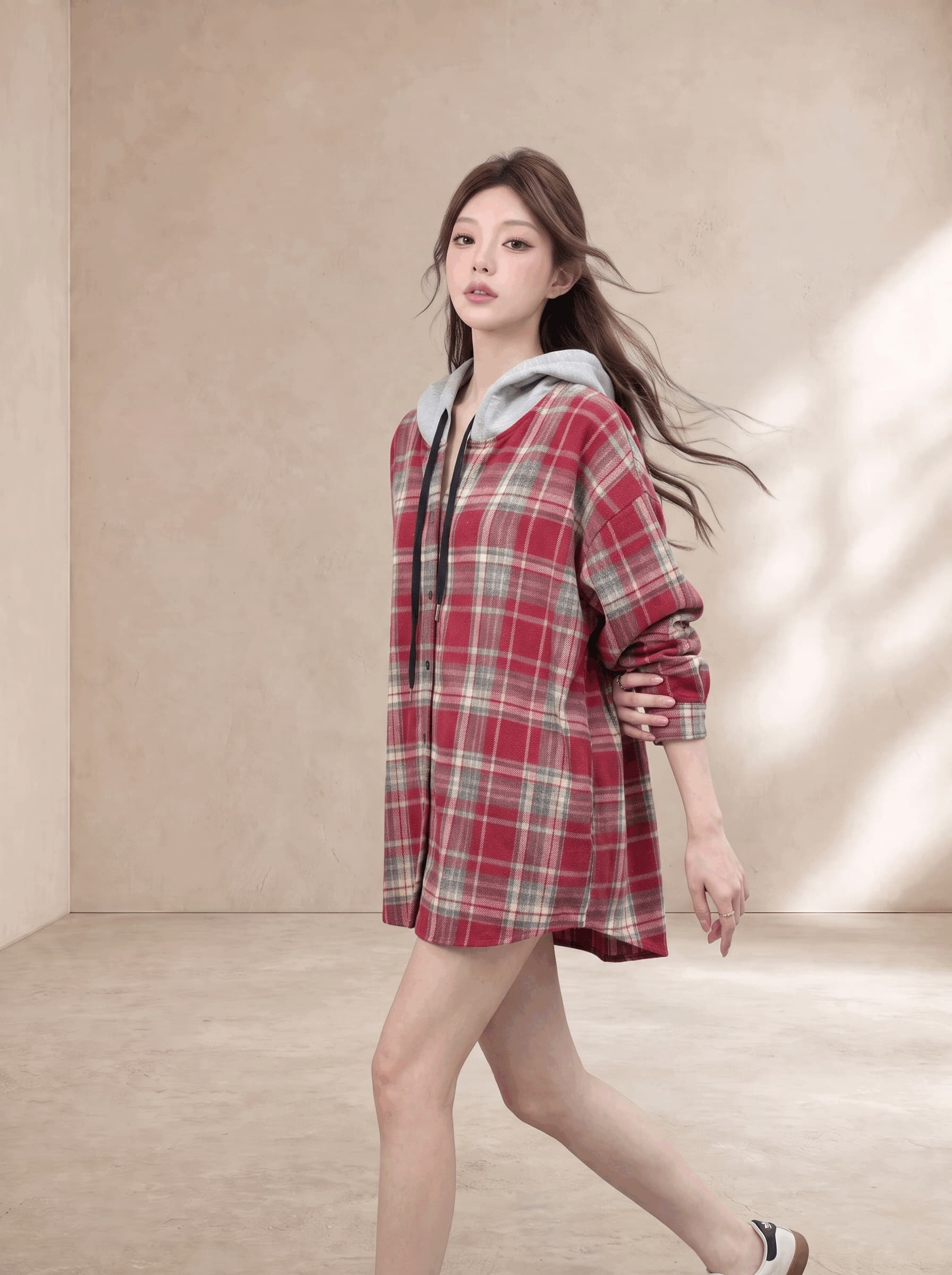 한 부서 레트로 체크무늬 후드 모직 셔츠 여성 코트 가을 겨울 두꺼운 루즈핏 느긋한 바람 긴팔 셔츠 맨위 상세 이미지 11