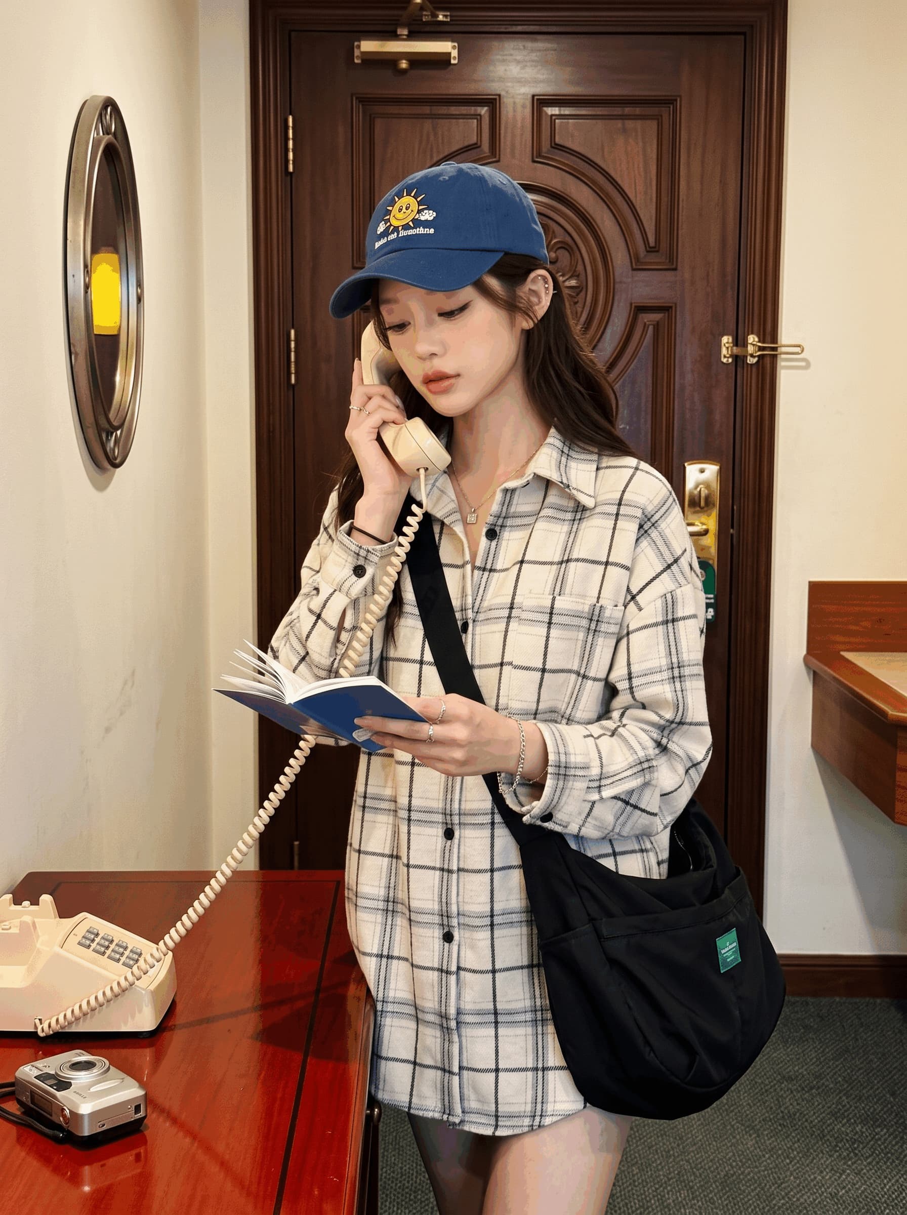 레트로 황색 체크무늬 폴로 칼라 단추 긴팔 여성 셔츠 가을 디자인 센스 새로운 루즈핏 다용도 맨위 재킷 상세 이미지 7