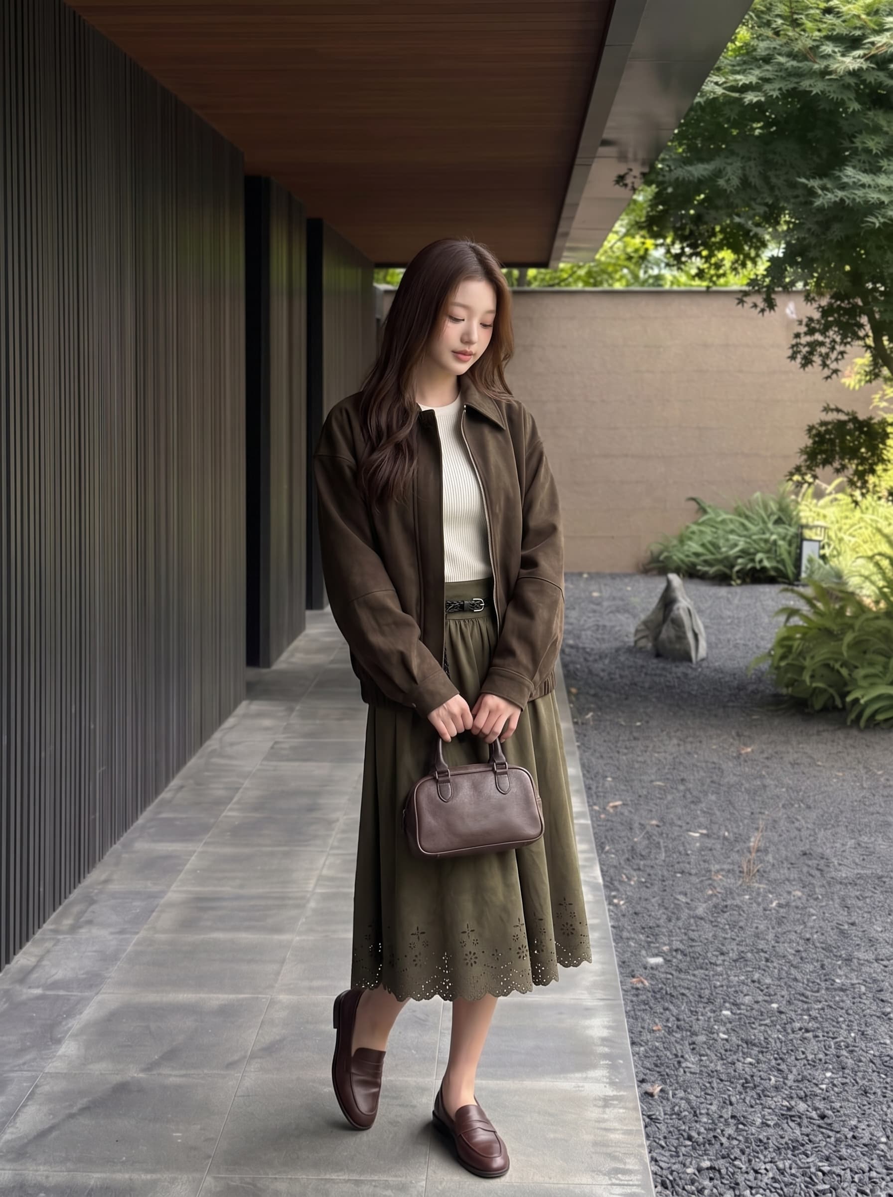 프랑스식 레트로 사슴 캐시미어 홀로우 아웃 레이스 짧은 중간 스커트 여성 가을 허리밴드 대양 품격 휴가 바람 한 마디 반신 스커트 상세 이미지 11