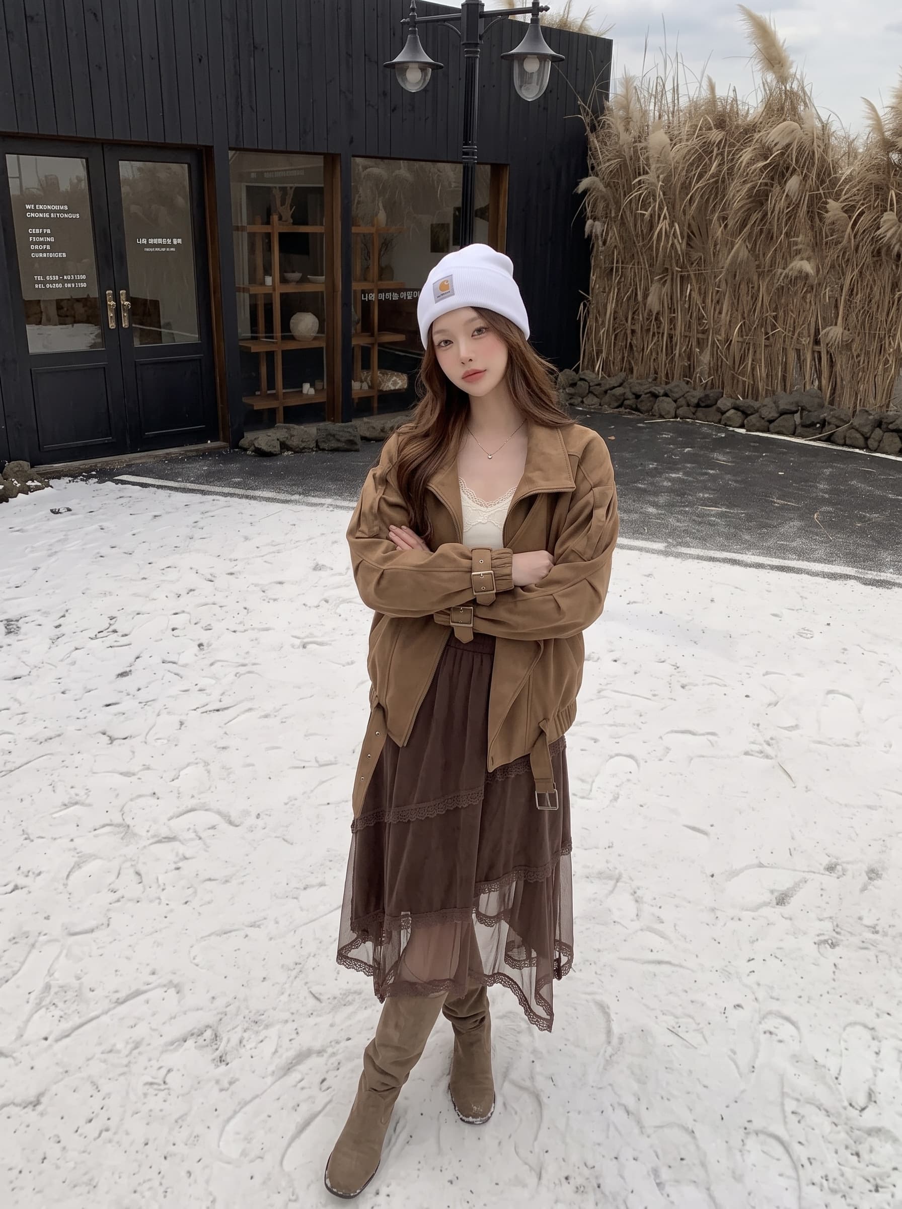 레트로 브라운 조정 스웨이드 원단 레이스 레이스 반신 스커트 불규칙 밑단 망사 허리밴드 분위기 센스 중간 길이 스커트 상세 이미지 8