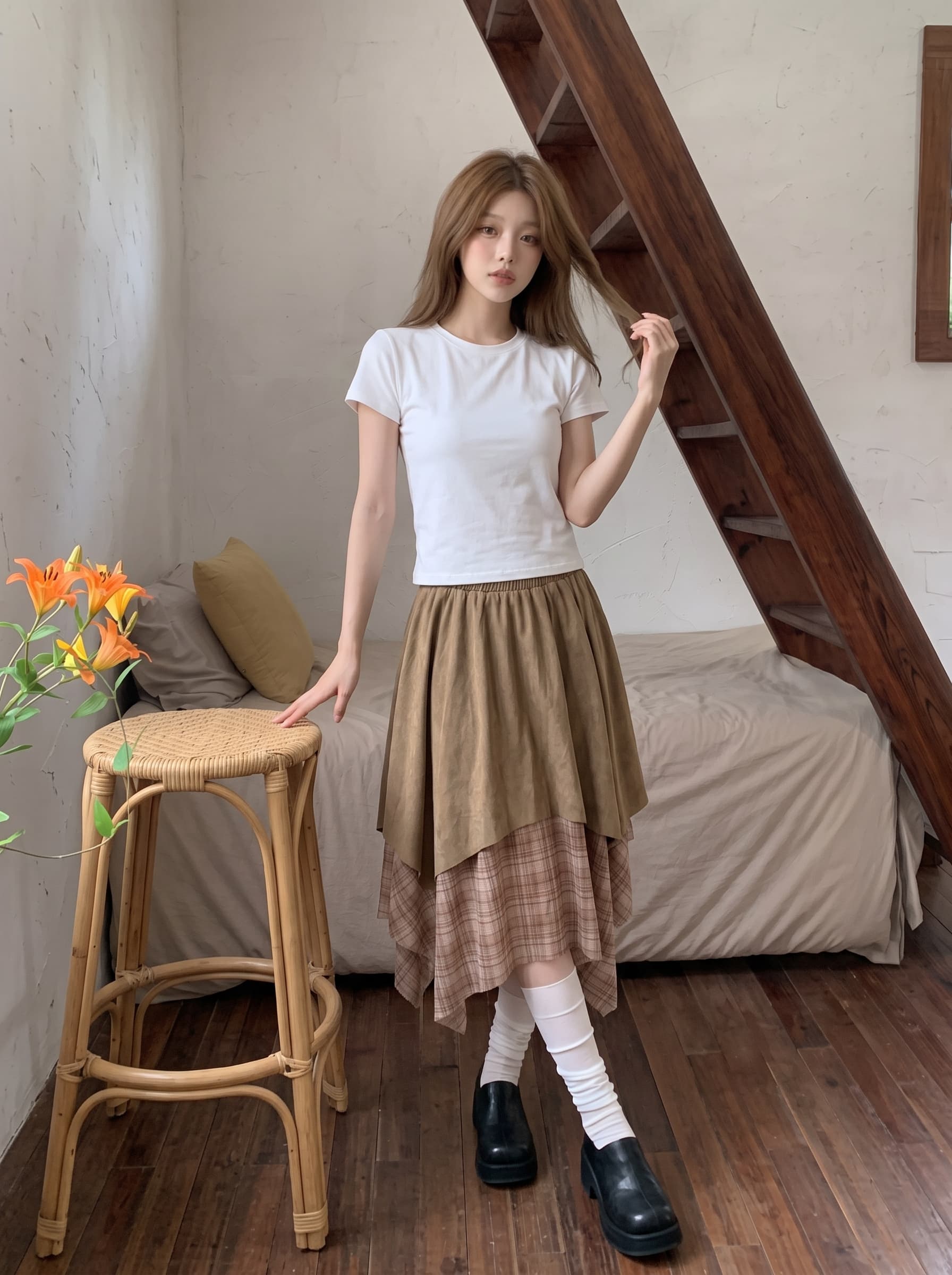 프랑스식 디자인 센스 불규칙 패치워크 체크무늬 반신 스커트 여성 가을 밴딩 하이웨이스트 슬림해 보이는 중간 길이 A라인 스커트 상세 이미지 11