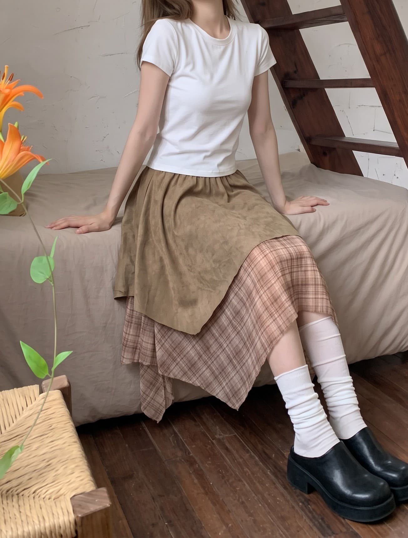 프랑스식 디자인 센스 불규칙 패치워크 체크무늬 반신 스커트 여성 가을 밴딩 하이웨이스트 슬림해 보이는 중간 길이 A라인 스커트 상세 이미지 13