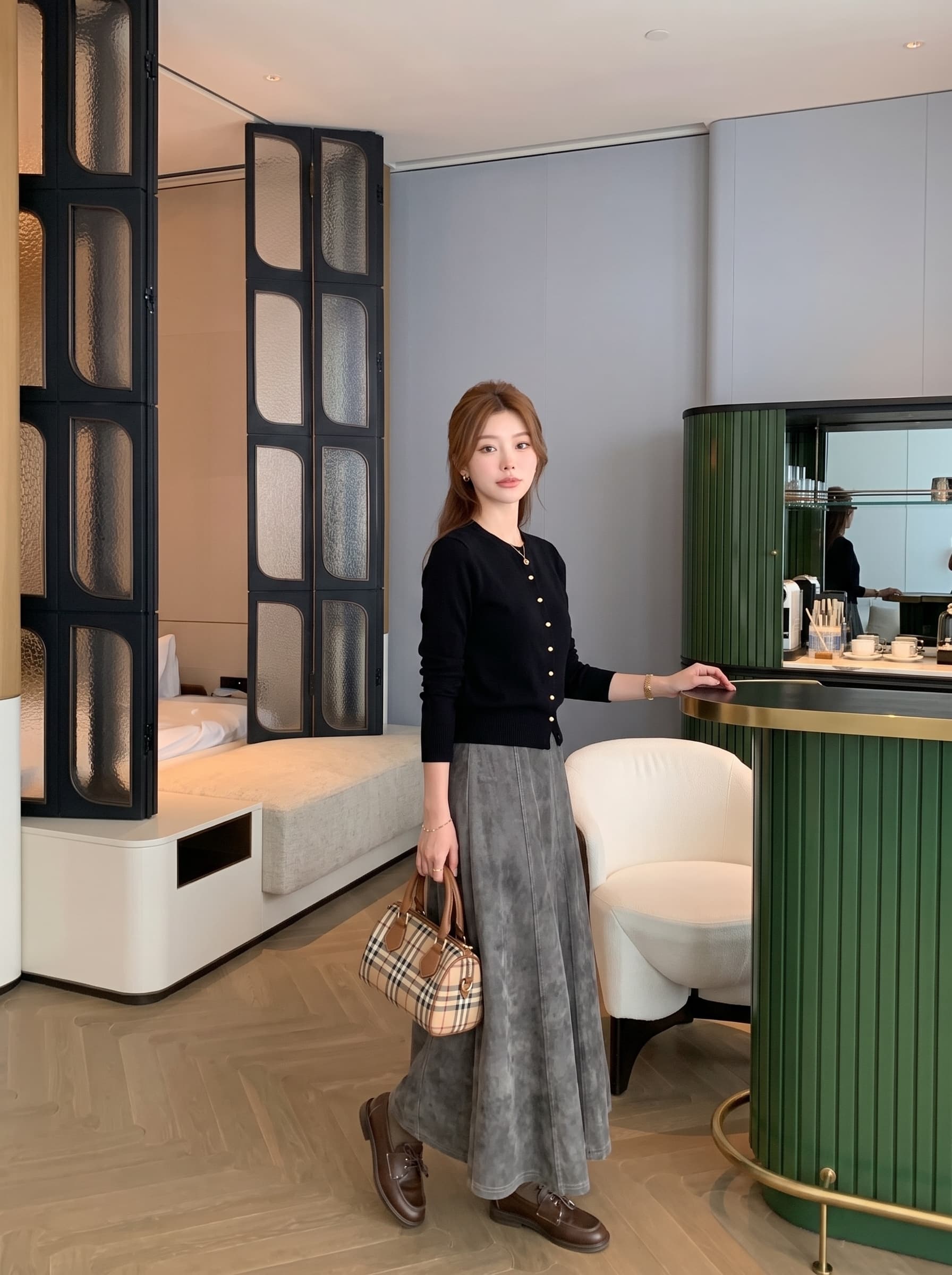 레트로 단색 스웨이드 원단 하이웨이스트 한 마디 반신 스커트 여성 가을 2026 표지 넓적 다리 슬림해 보이는 중간 길이 큰 진자 우산 치마