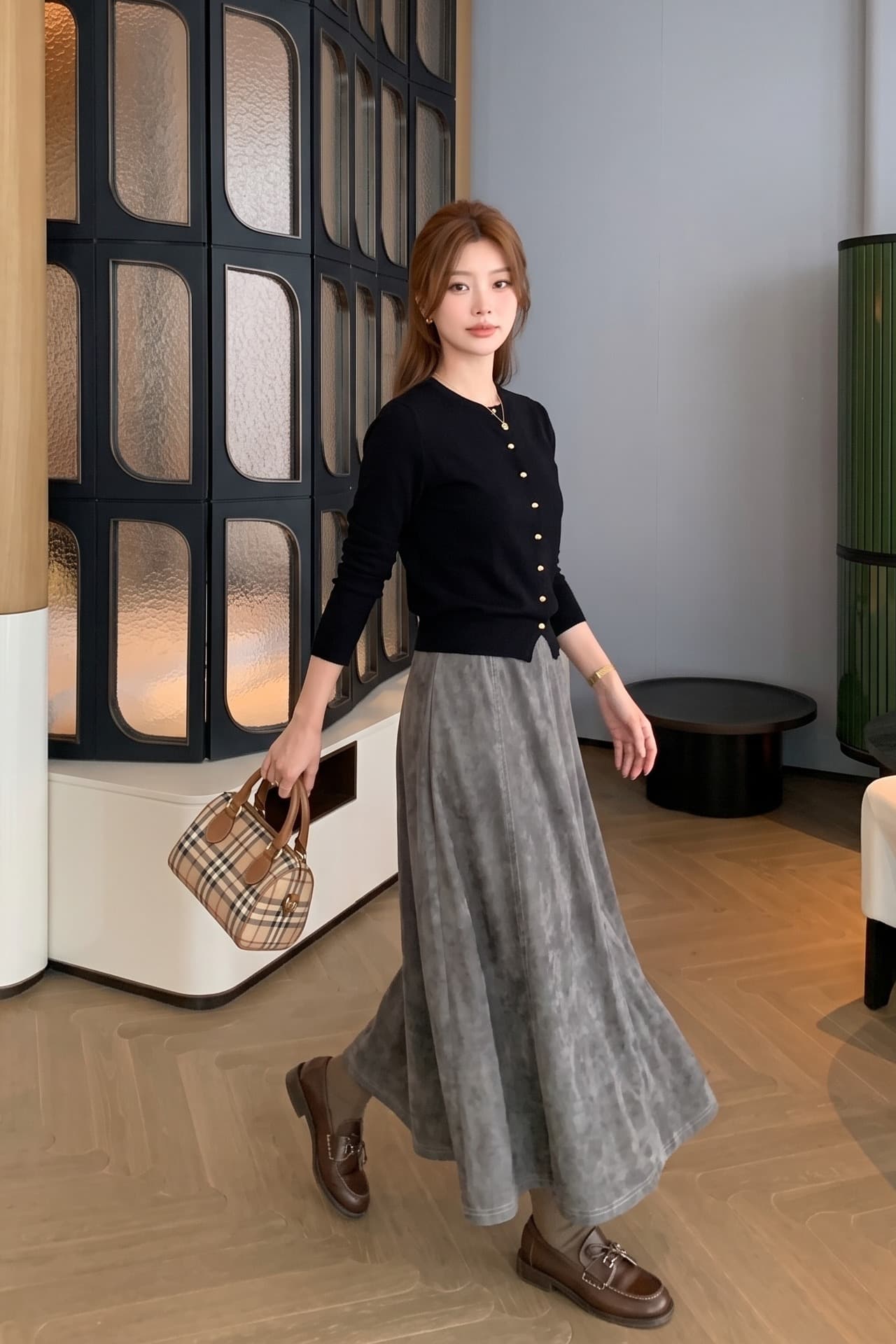 레트로 단색 스웨이드 원단 하이웨이스트 한 마디 반신 스커트 여성 가을 2026 표지 넓적 다리 슬림해 보이는 중간 길이 큰 진자 우산 치마 이미지 6