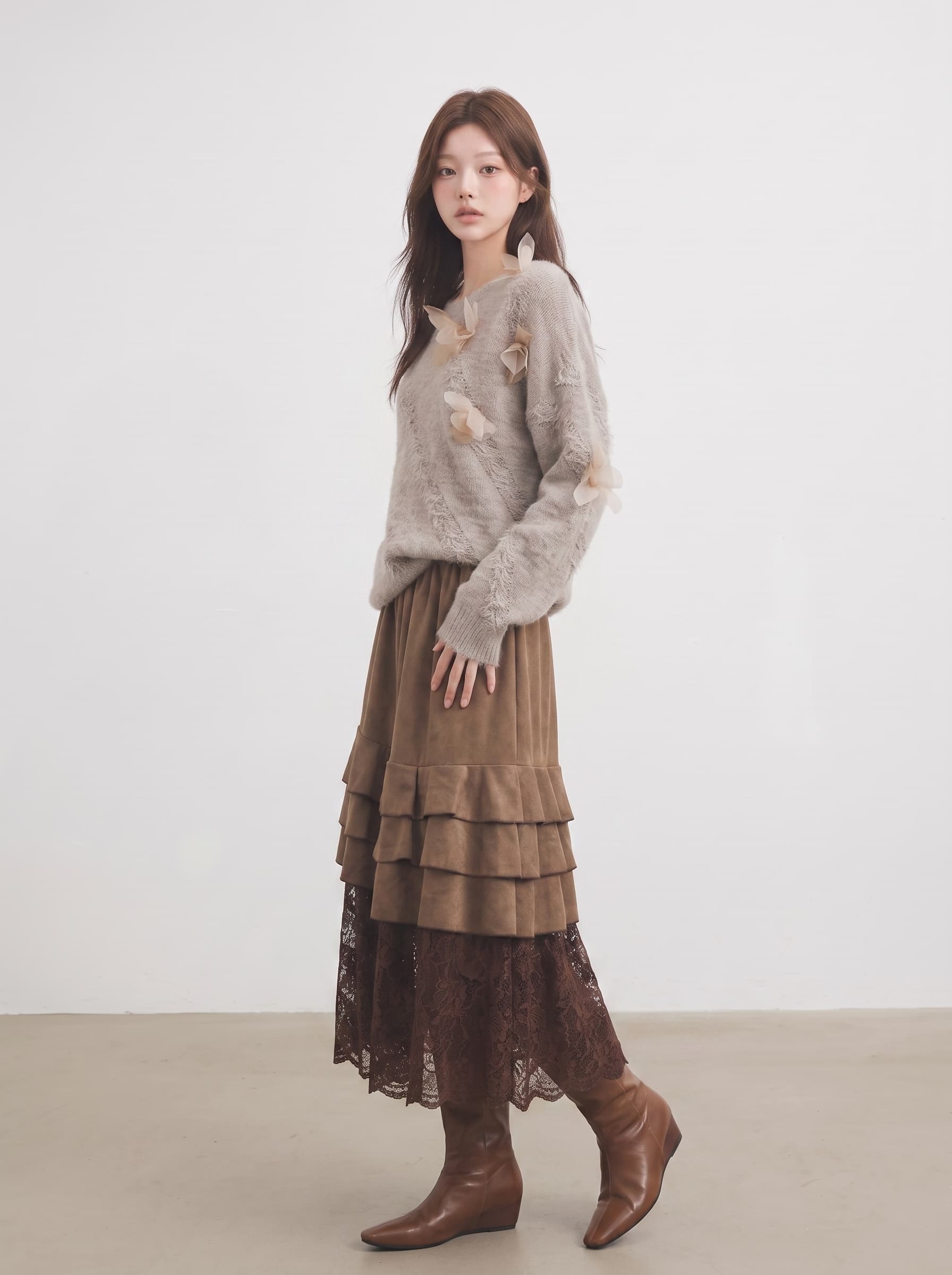 레트로 커피 색상 프릴 레이스 조각 케이크 반신 스커트 여성 가을 밴딩 하이웨이스트 슬림해 보이는 한 마디 빅 플레어 스커트 상세 이미지 6