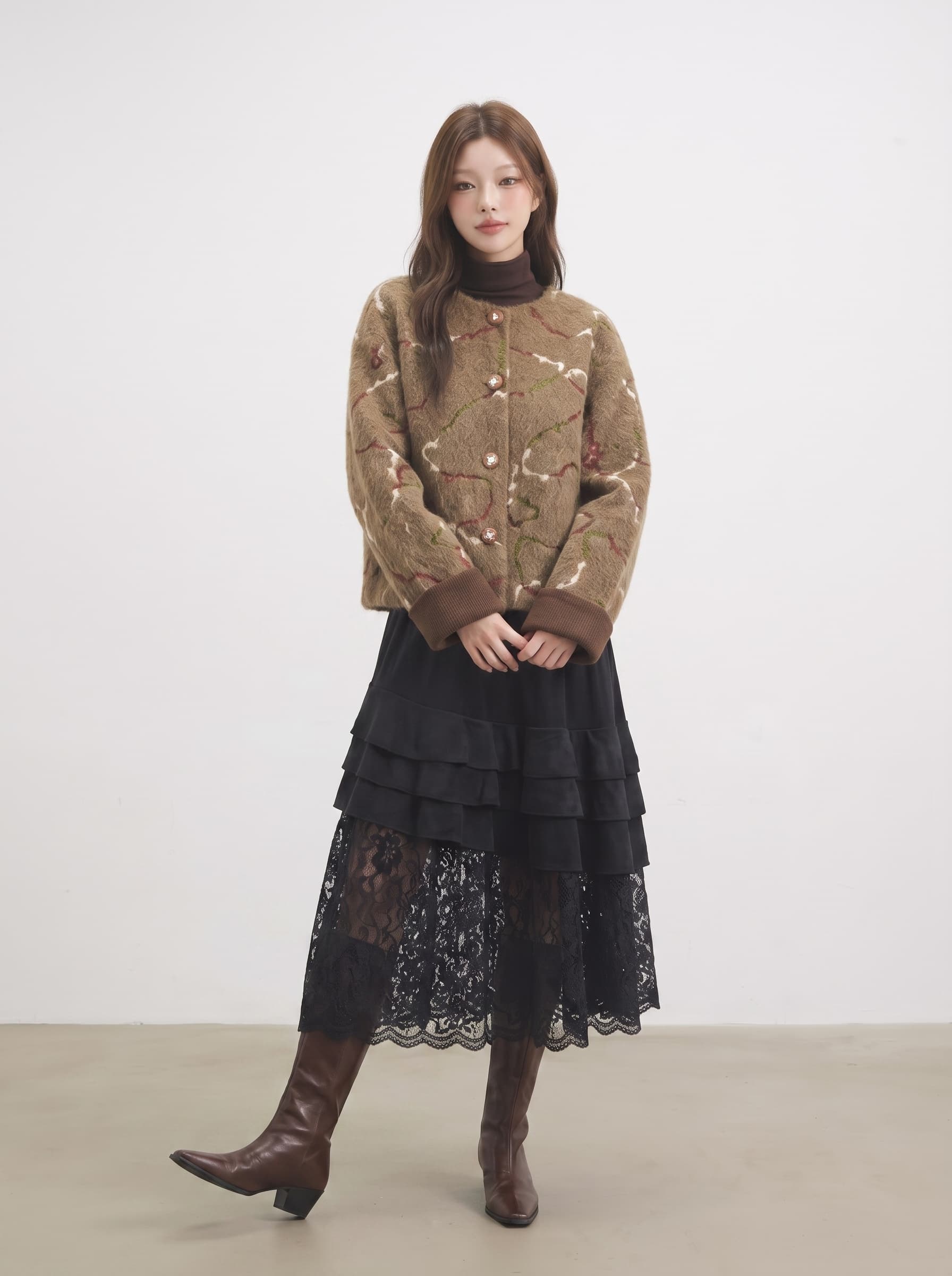 레트로 커피 색상 프릴 레이스 조각 케이크 반신 스커트 여성 가을 밴딩 하이웨이스트 슬림해 보이는 한 마디 빅 플레어 스커트 상세 이미지 14