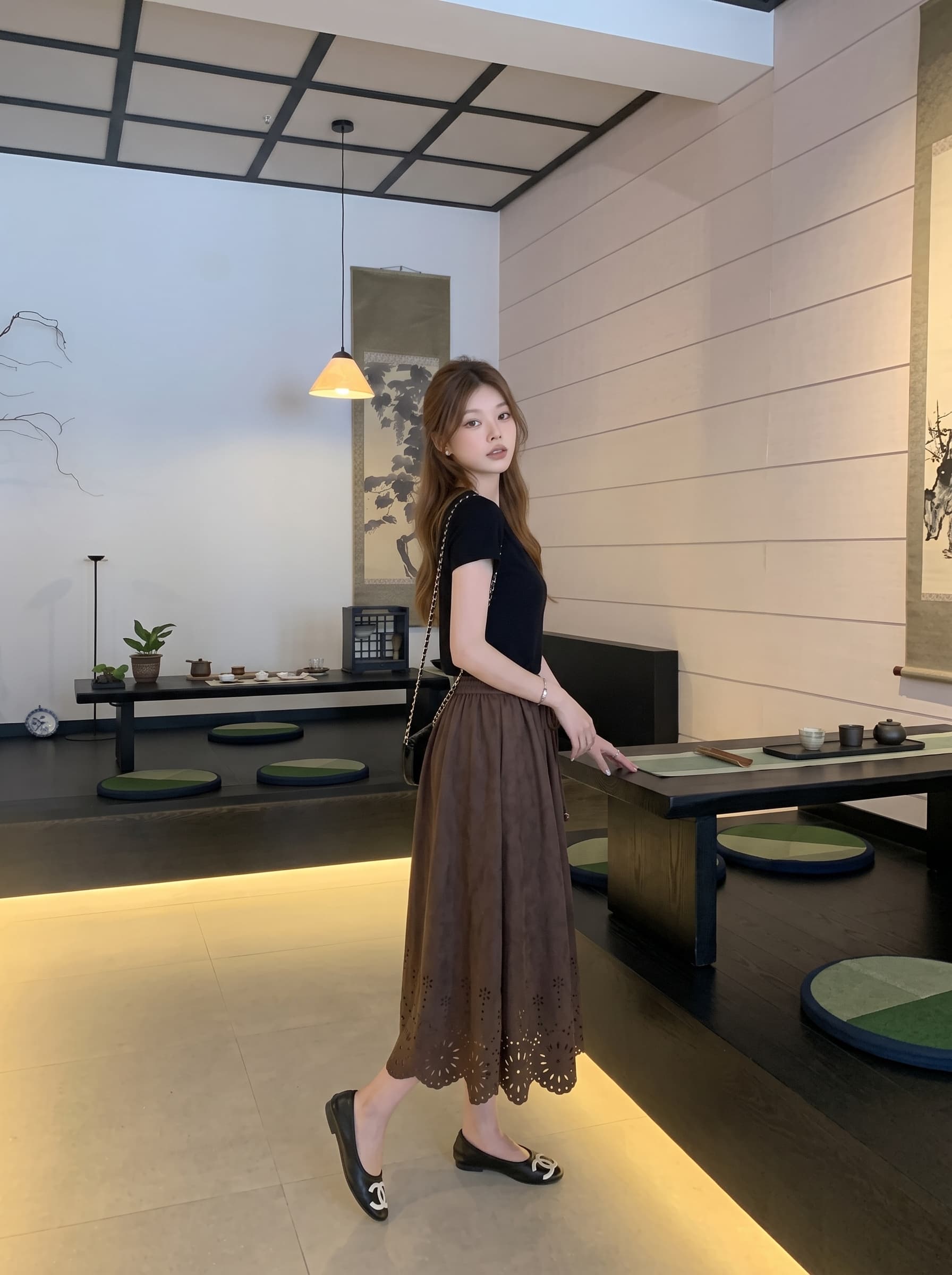 아름다움 라드. 사슴 캐시미어 홀로우 아웃 화상 꽃 디자인 중간 길이 반신 스커트 여성 가을 겨울 새로운 하이웨이스트 슬림해 보이는 A라인 스커트 상세 이미지 8