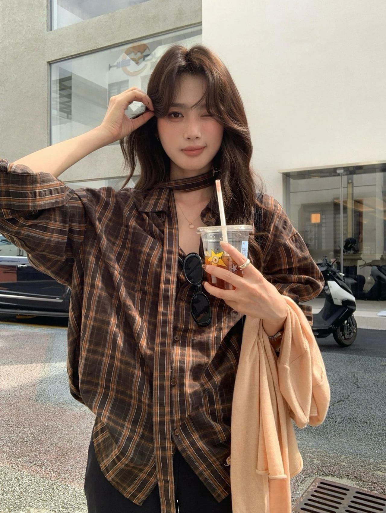 한 부서 레트로 체크무늬 폴로 칼라 셔츠 느긋한 느슨함 센스 루즈핏 슬림해 보이는 분위기 센스 긴팔 맨위 이미지 3