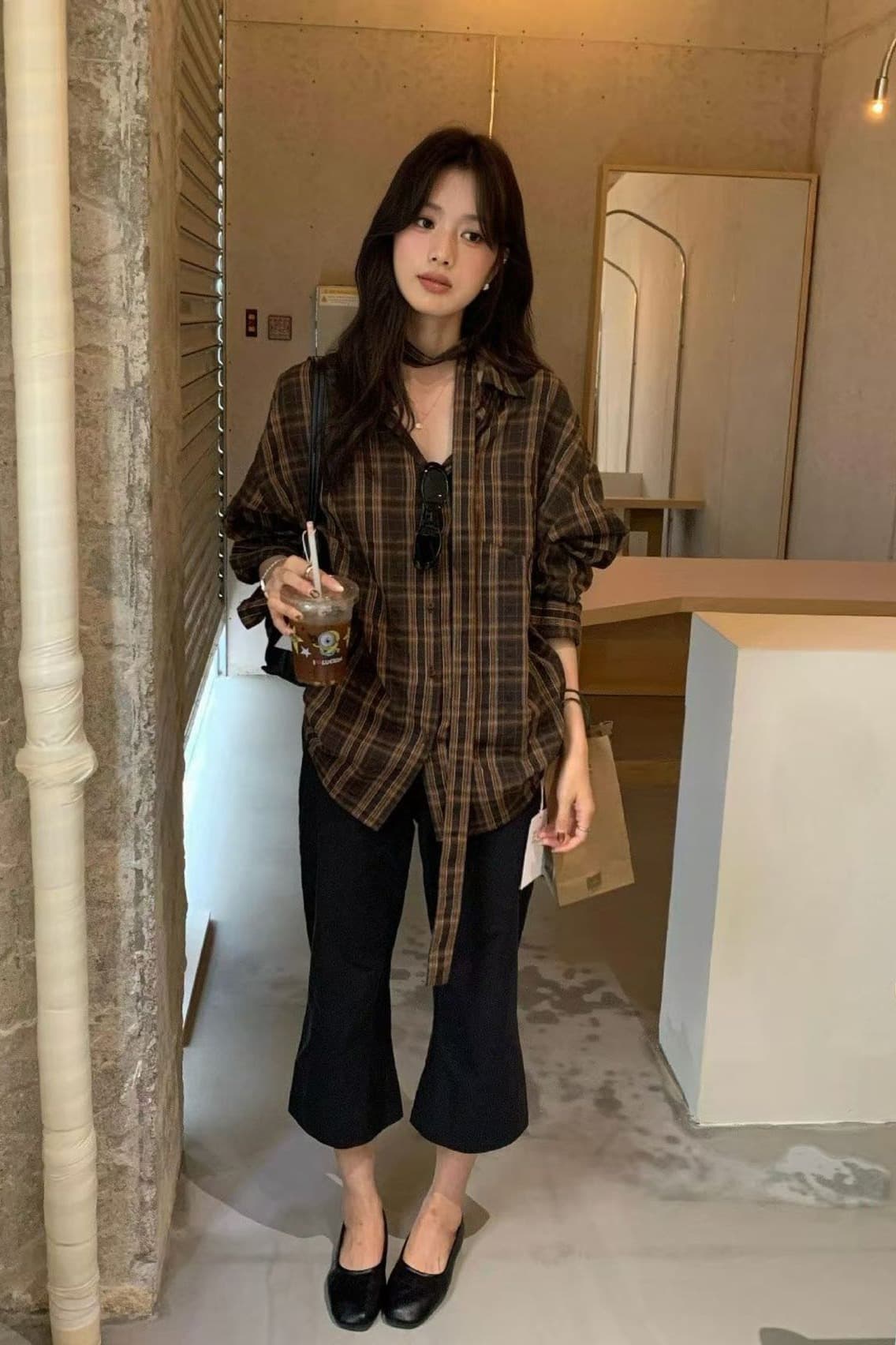 한 부서 레트로 체크무늬 폴로 칼라 셔츠 느긋한 느슨함 센스 루즈핏 슬림해 보이는 분위기 센스 긴팔 맨위 이미지 6