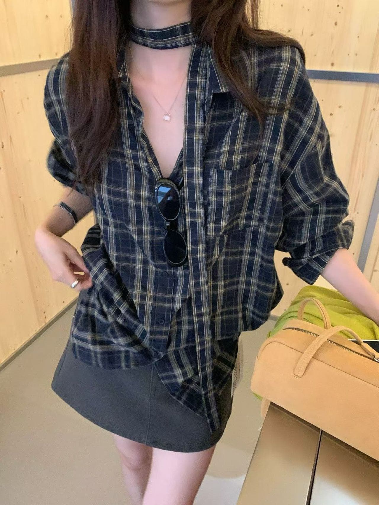 한 부서 레트로 체크무늬 폴로 칼라 셔츠 느긋한 느슨함 센스 루즈핏 슬림해 보이는 분위기 센스 긴팔 맨위 상세 이미지 6