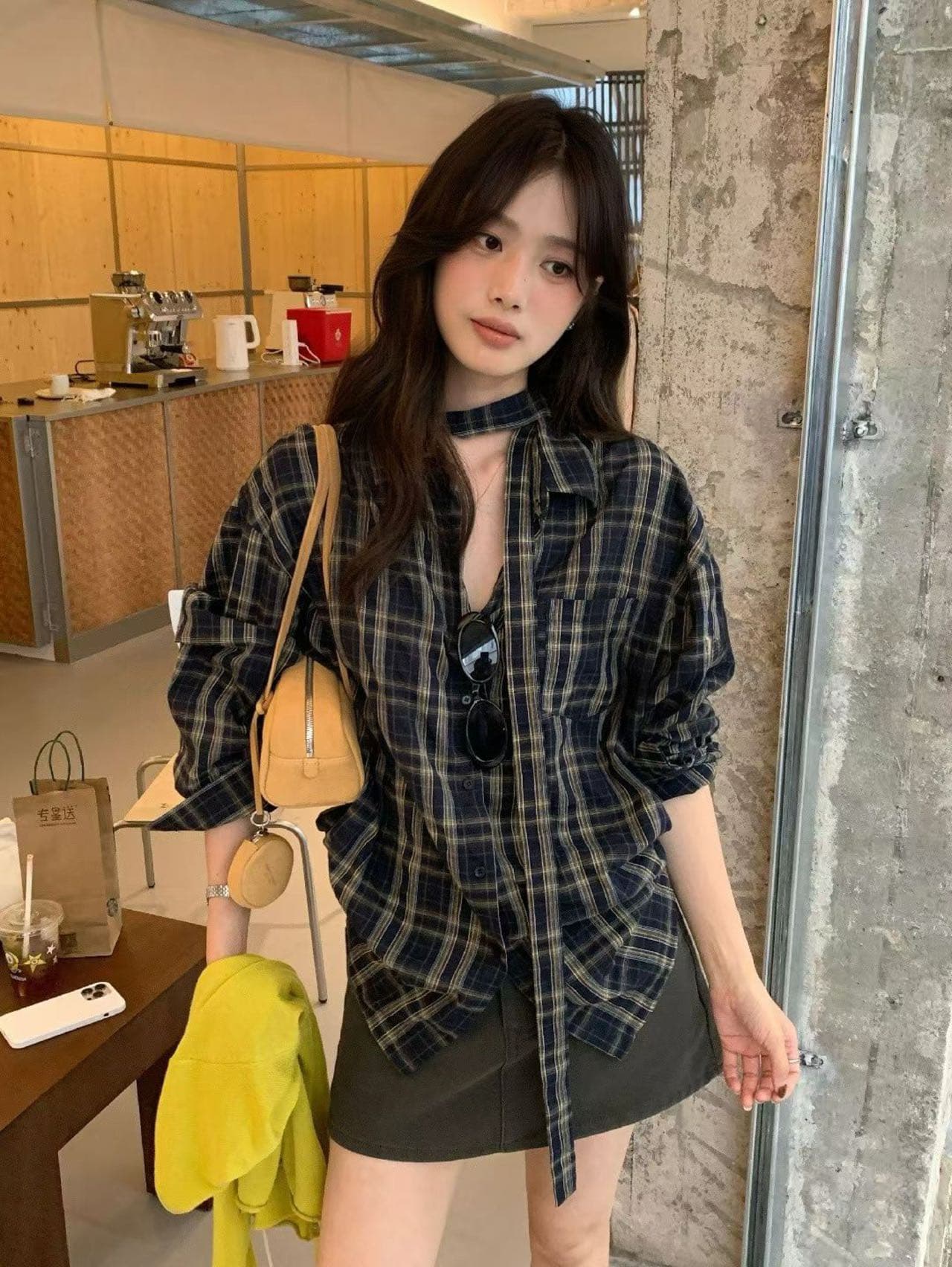 한 부서 레트로 체크무늬 폴로 칼라 셔츠 느긋한 느슨함 센스 루즈핏 슬림해 보이는 분위기 센스 긴팔 맨위 상세 이미지 13