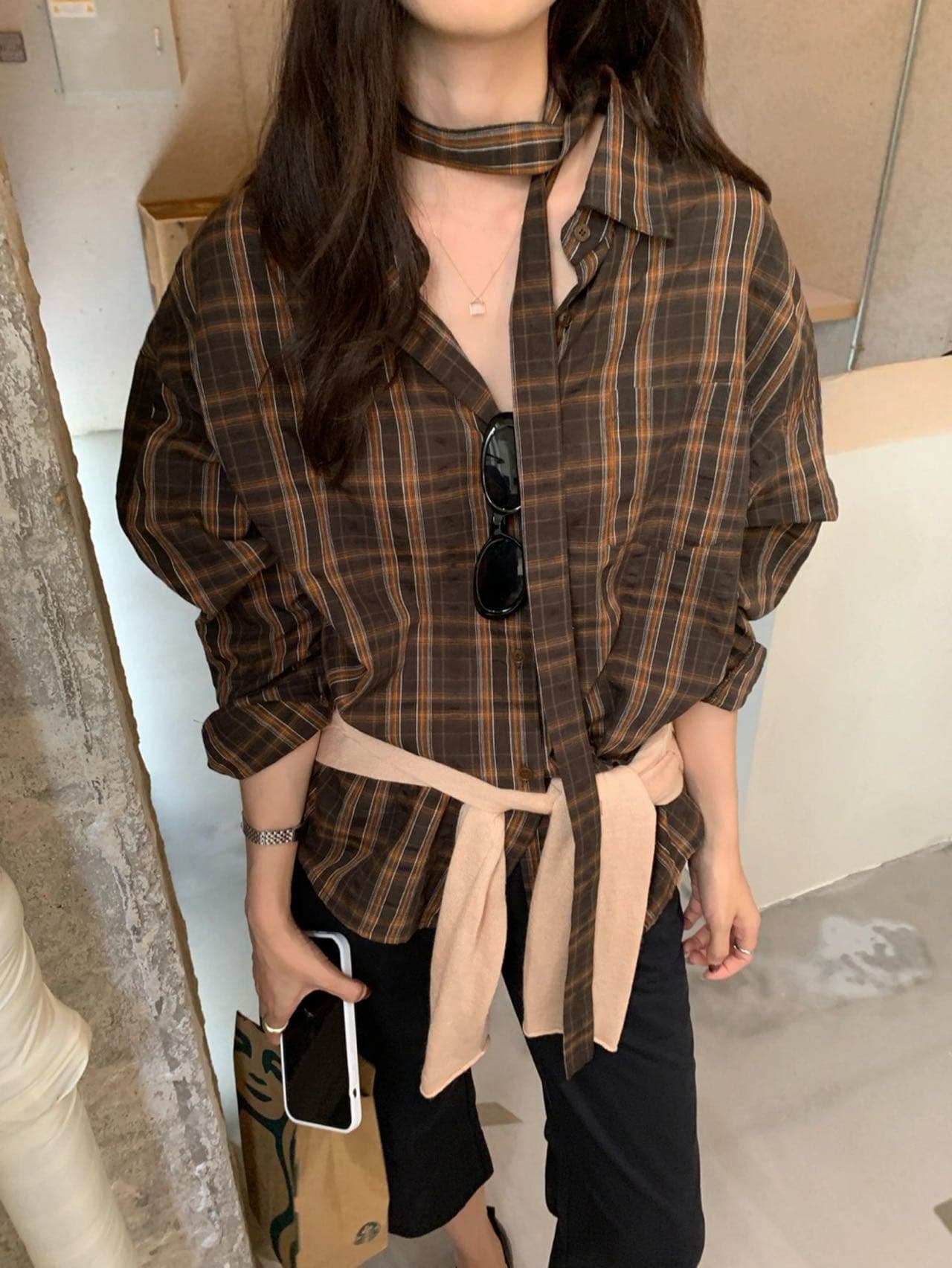 한 부서 레트로 체크무늬 폴로 칼라 셔츠 느긋한 느슨함 센스 루즈핏 슬림해 보이는 분위기 센스 긴팔 맨위 상세 이미지 15
